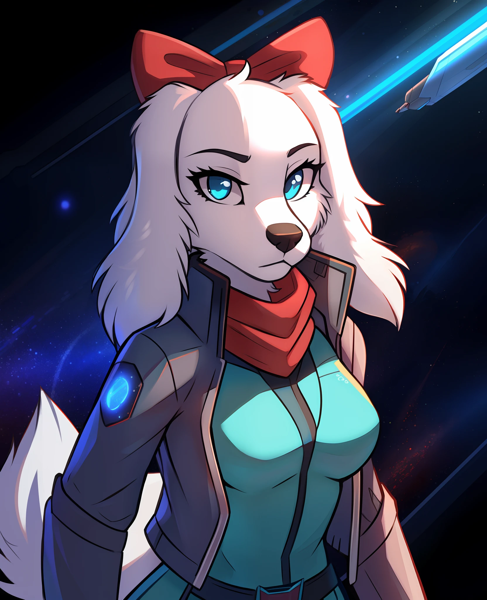 fayspaniel, furry female anthro, portrait, close-up, red bow, aqua jumpsuit, cropped jacket, grey jacket, red scarf, belt, solo, (body fur:1.2), (best quality), (detailed space jet background:1.2), dramatic lighting, (detailed fluffy fur:1.1), looking at viewer,  medium breasts,  white ears,