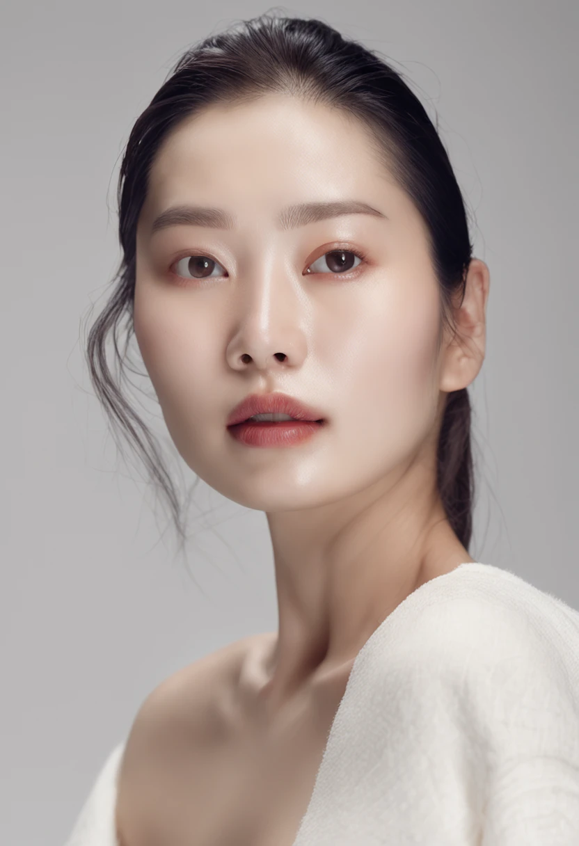 korean girl, very beautiful face, (photo realistic:1.4),(masterpiece, 4K, best quality, ultra detailed),studio shoot,pictorial,photography,realistic eyes, Ultra-Detailed Face, Detailed Lips, no hand, glossy lips, glossy face, simple background, photoshoot for skincare brand, woman with porcelain skin, diffused natural skin glow, smooth porcelain skin, translucent white skin, jen yoon, clean face and body skin, skincare, white porcelain skin, smooth translucent white skin, pale milky white porcelain skin