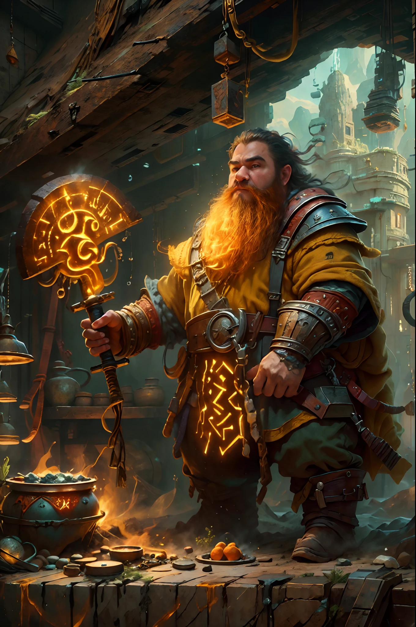 high details, best quality, 16k, RAW, [best detailed], masterpiece, best quality, (extremely detailed), full body, ultra wide shot, photorealistic, fantasy art fantasy_world, RPG art, D&D art, a picture of a dwarf working at his forge (besr details, Masterpiece, best quality), fantasy male dwarf (best details, Masterpiece, best quality), working his forge (best details, Masterpiece, best quality), brown hair, dynamic eyes color, ultra detailed face (best details, Masterpiece, best quality), long beard, brown beard, muscular arms, wearing smith apron, holding a hammer in hand, hammer has yellow magical runes, shining GlowingRunes_yello yellow runes (best details, Masterpiece, best quality), working the forge (best details, Masterpiece, best quality), fiery forge (best details, Masterpiece, best quality), crafting magical metalic sword, dwarven smithy and fiery orange forge background, fiery red and yellow and orange shadow and light of a fiery orange (best details, Masterpiece, best quality), High Detail, Ultra High Quality, High Resolution, 16K Resolution, Ultra HD Pictures, Ultra Realistic, Clear Details, Realistic Detail, Ultra High Definition