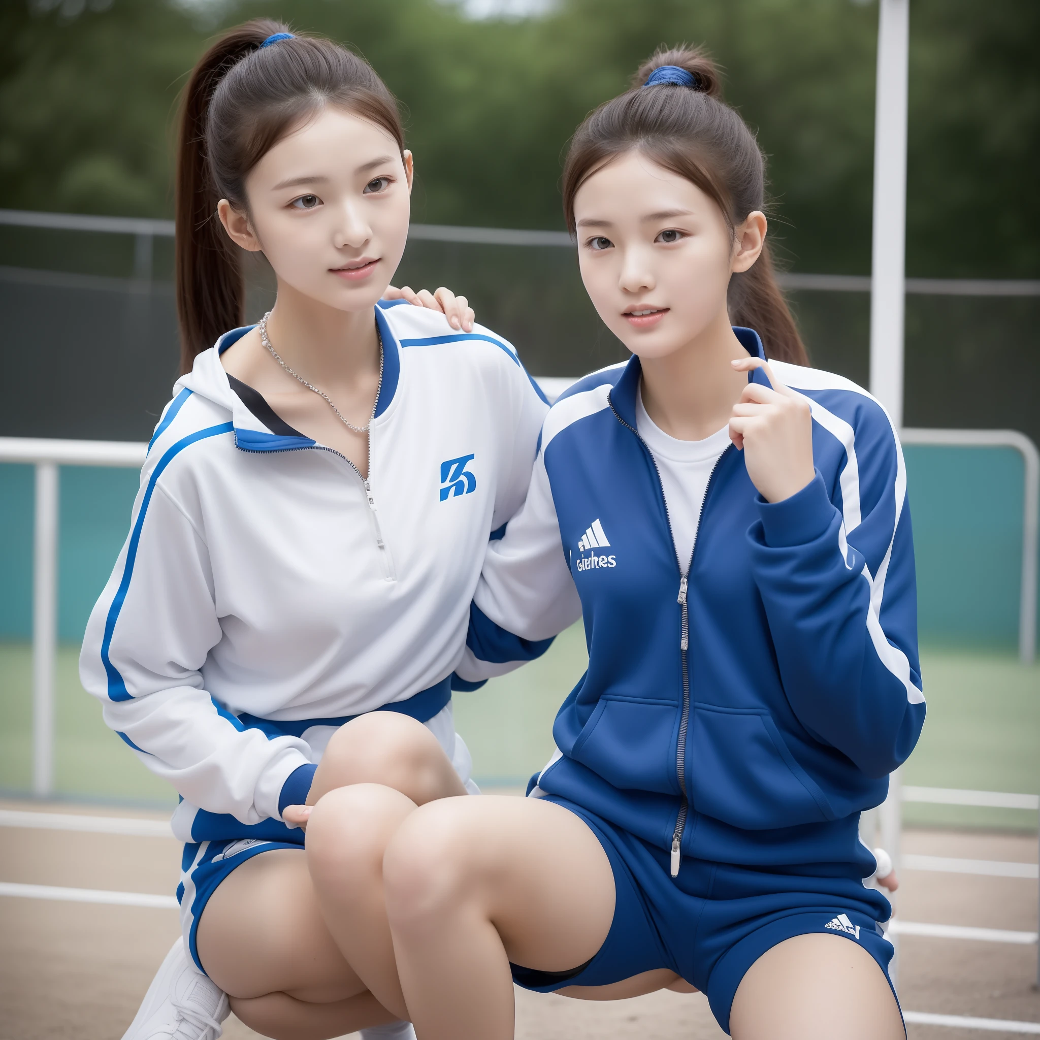 1 beautiful high school student in blue and white tracksuit playing on the school playground,Super high value,perfect body figure,Horsetail hair,Delicate hair,Fair face and skin,Beads of sweat hang down,Have fun on the playground,big full breasts,Chest hyperexcion,Clothes are tight,Delicate white toes,detailed finger,fully body photo