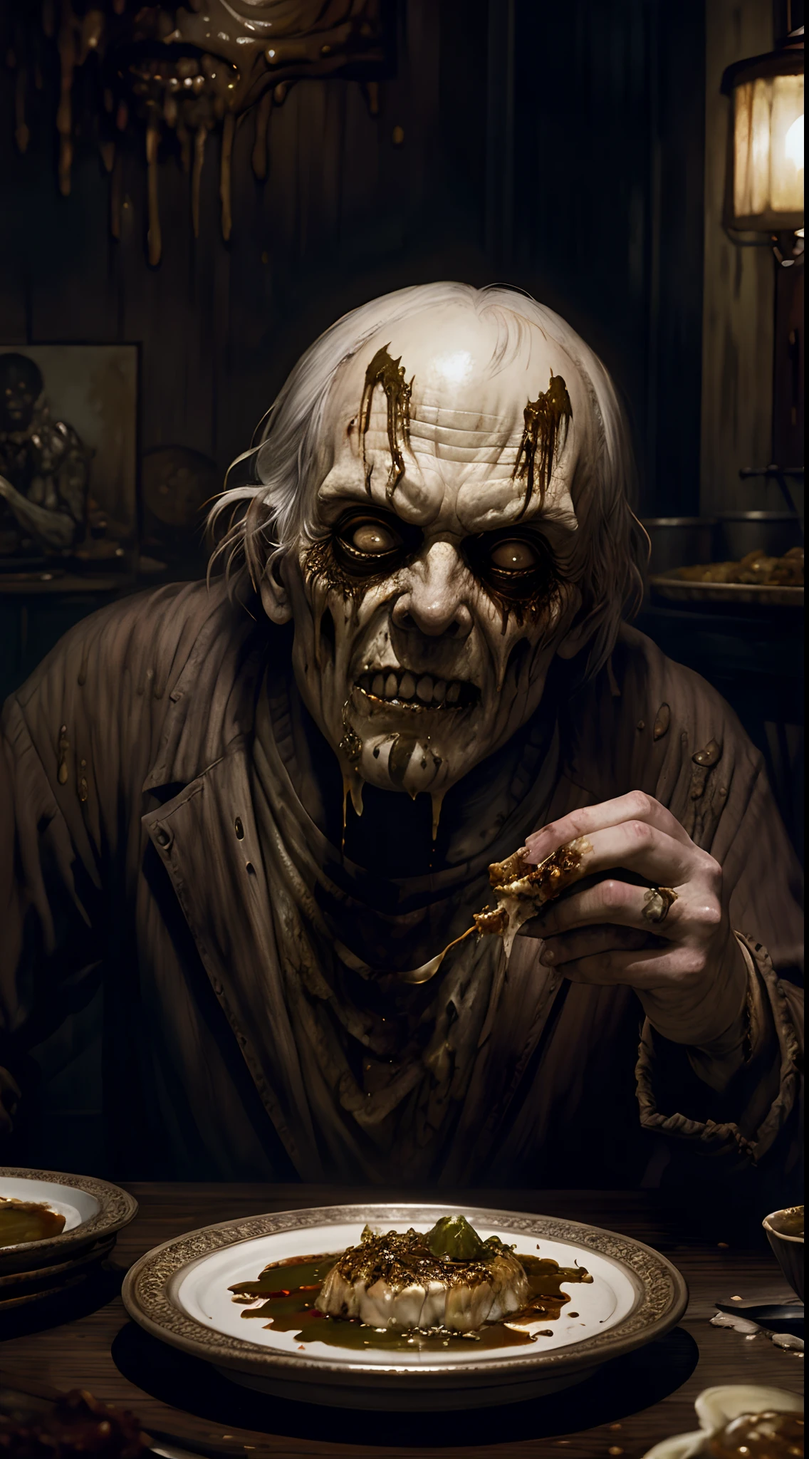 " disgusting vomit food on the plate, Painting by Beksinsky, Bernie Wrightson, Trending on ArtStation, horrorporn film, creepypasta"
