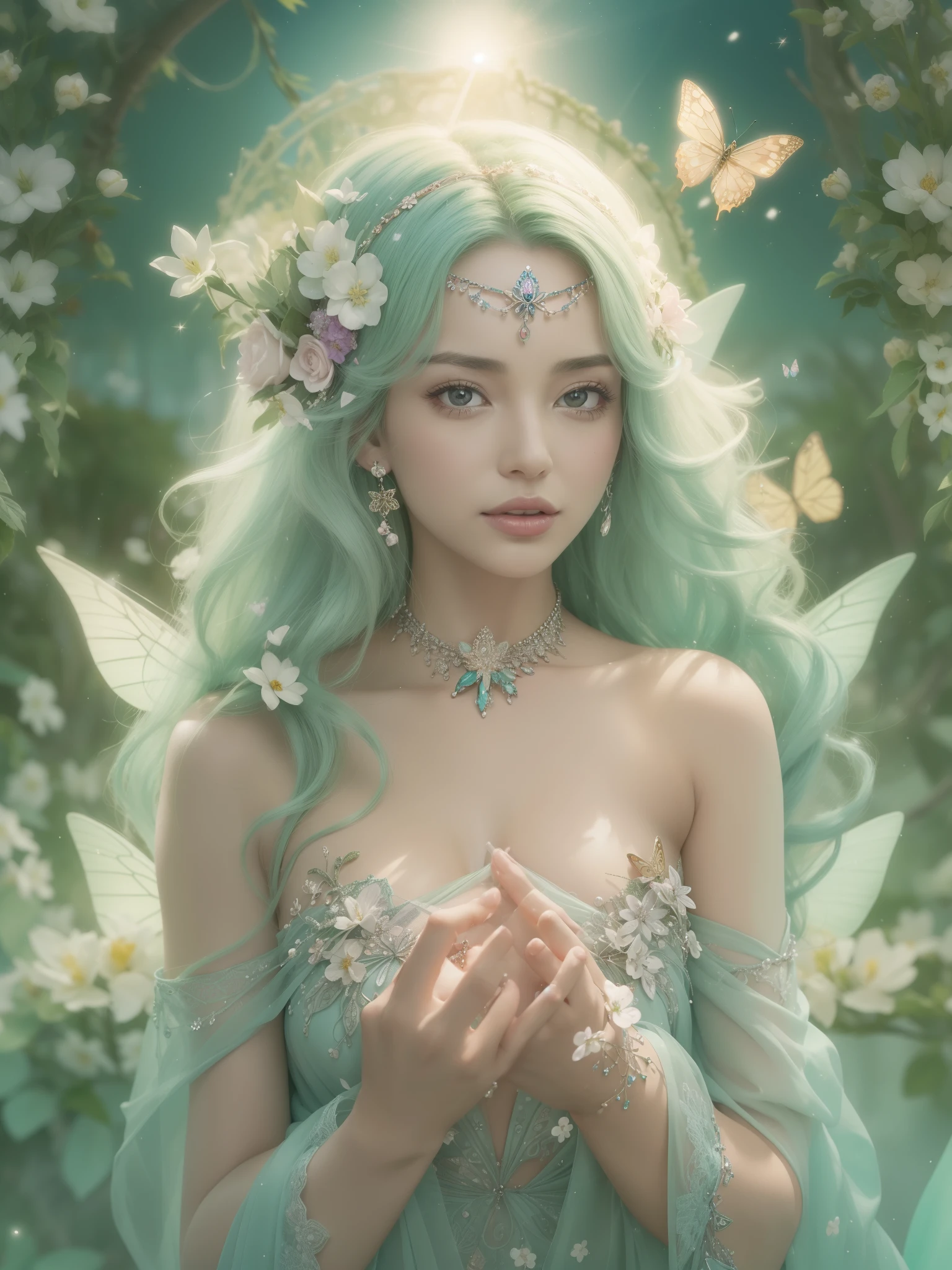 A portrait of a dress crystal crystallized yellow pastel ornate drops transparent, hair blue light , fantasy, (gradients), sfw, colorful,(detailed eyes:1.2), (detailed landscape, garden, plants, castle:1.2),(detailed background),detailed landscape, (dynamic angle:1.2), (dynamic pose:1.2), (rule of third_composition:1.3), (Line of action:1.2), wide shot, daylight, solo,