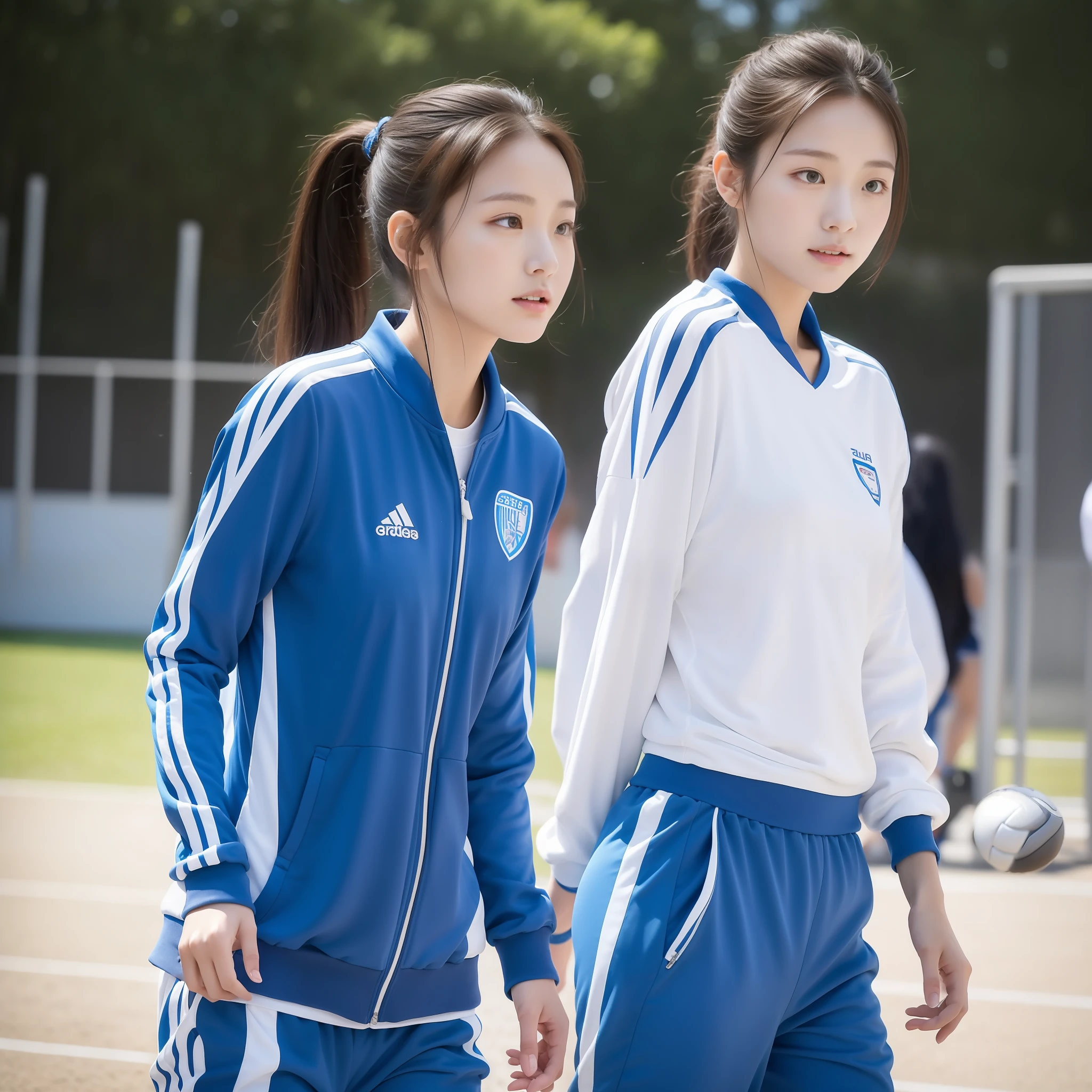 1 very beautiful female high school student，Wear blue and white tracksuits，Play volleyball on the school playground，Super high value，perfect body figure，Beautiful short ponytail，Delicate hair，Fair face and skin，There are beads of sweat hanging down，Have fun on the playground，Plump huge，Chest hyperexcion，The tracksuit on the chest is high and bulging, Tightness and bulging，Delicate fair and soft toes，Delicate white fingers，fully body photo