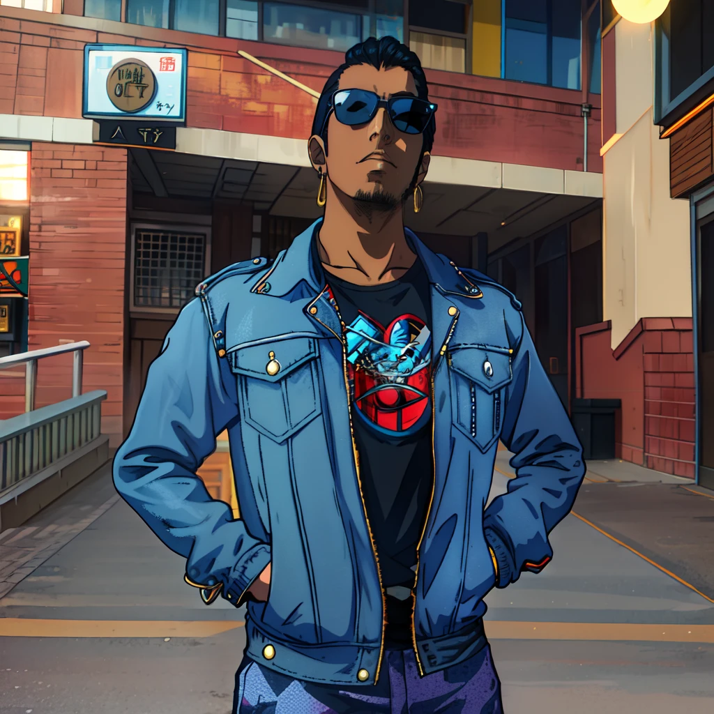 arafed man in a black leather jacket and sunglasses standing in front of a building, with a cool pose, stylish pose, mid shot portrait, casual pose, in style of davey adesida, 80s style anime.