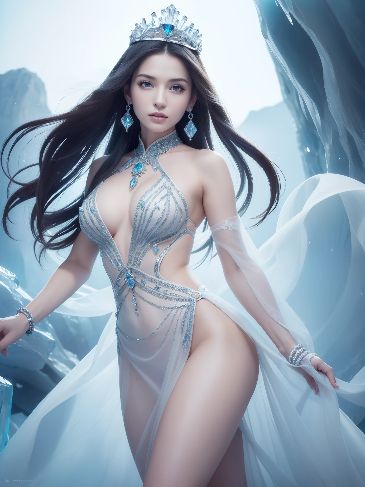 (masterpiece,best quality:1.4),(8k,raw photo,photo realistic:1.2),(full-body shot:1.4),beautiful Ice warrior woman , a dignified beauty, a slim silhouette in a translucent dress, a white mantle,too much ice particles, A sparkling ice cave adorned with crystals, beautiful face, shiny skin,detailed skin,detailed face,detailed eyes, ice sword, ice shield, a crown resembling ice crystals, and earrings like ice crystals