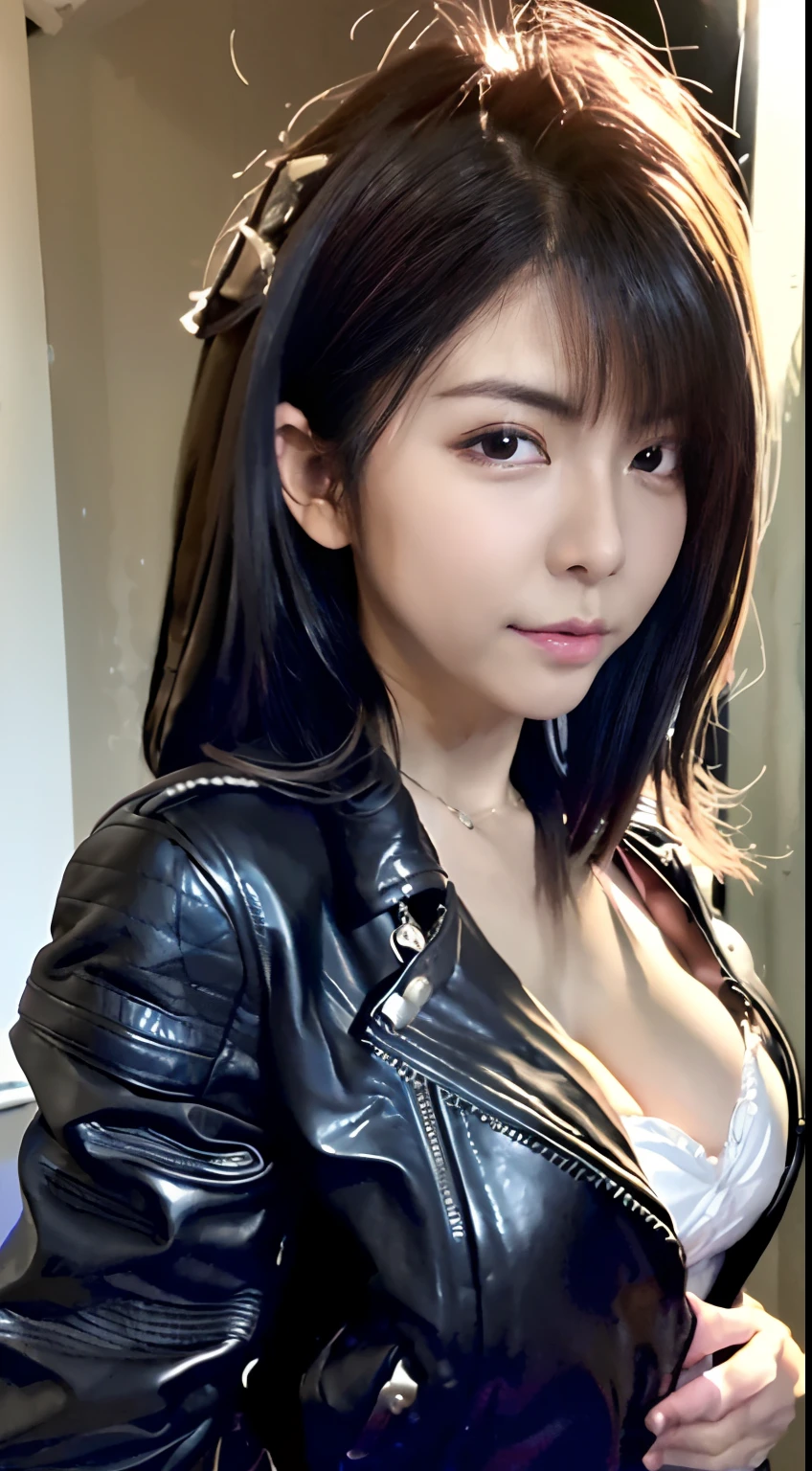top-quality、超A high resolution、(Photorealsitic:1.4)、女の子1人、(bath room:1.3)、open buttons、(Chest wide open:1.0)、(A dark-haired:1)、Longhaire、(huge-breasted:1.0)、looking at viewert、(cleavage of the breast:1.0)、(Black leather riders jacket:1.5)