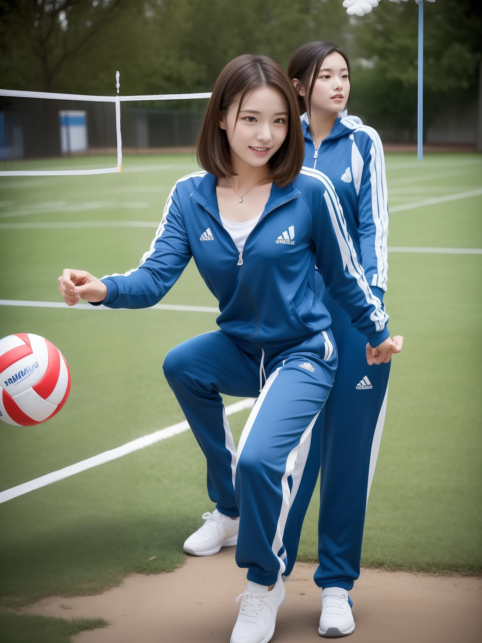 1 very beautiful female high school student,Wear blue and white tracksuits,Play volleyball on the school playground,Super high value,perfect body figure,Beautiful ultra-short hair,Delicate hair,Fair face and skin,There are beads of sweat hanging down,Have fun on the playground,Breasts are full and huge:1.5,Chest hyperexcion,The tracksuit on the chest is high and bulging, Tightness and bulging,Delicate fair and soft toes,detailed finger,fully body photo