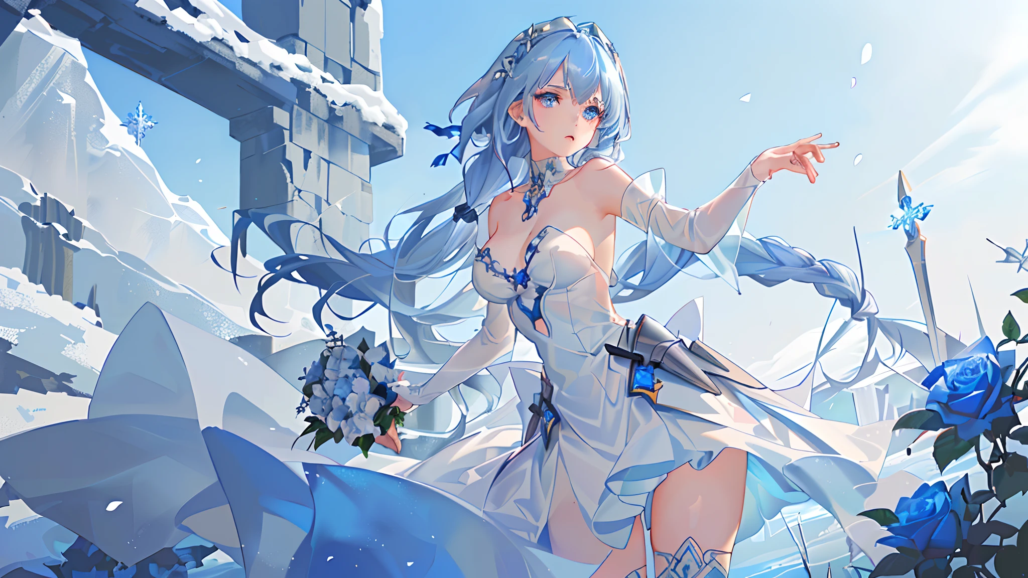 In a frozen battlefield, surrounded by a sea of lightly glowing blue roses, stood a young girl in armor. She looked to be around twenty years old, with sapphire blue hair that cascaded down her back in wild curls and matching blue eyes that sparkled like gems. She stood amidst a pile of bodies, her sword held tightly in her hand. girl was not frozen in time, but rather encased in a layer of ice that had preserved her youth and beauty. She had been locked in this icy prison for as long as anyone could remember, a symbol of a long-forgotten battle that had raged on this very spot. battlefield was barren and desolate, except for the sea of blue roses that seemed to glow in the frozen sunlight. The flowers were the only signs of life in this icy wasteland, and they seemed to have a life of their own. They swayed in the cold breeze, their petals fluttering gently like a soft whisper. girl stood amidst the blue roses, her eyes scanning the battlefield for any signs of life. She had been frozen here for so long that she had lost count of the years. She had seen many battles in her time, but this one had been particularly brutal. The bodies around her were a testament to the fierce fighting that had taken place here. the horror of the scene, the girl showed no signs of fear or sadness. She seemed almost serene, as if she had come to terms with the fate that had befallen her. Her armor was dented and scratched, but it still gleamed in the frozen sunlight, a reminder of the strength and courage that had brought her to this place. she stood there, surrounded by the bodies of fallen soldiers, the girl knew that her time would come. She had been waiting for so long for someone to find her, to free her from this icy prison. But until that day came, she would stand guard over this desolate battlefield, her sword at the ready, her eyes scanning the horizon for any signs of life.And so, the girl in armor stood  in time, her sapphire blue hair and eyes a beacon of hope in a world tha