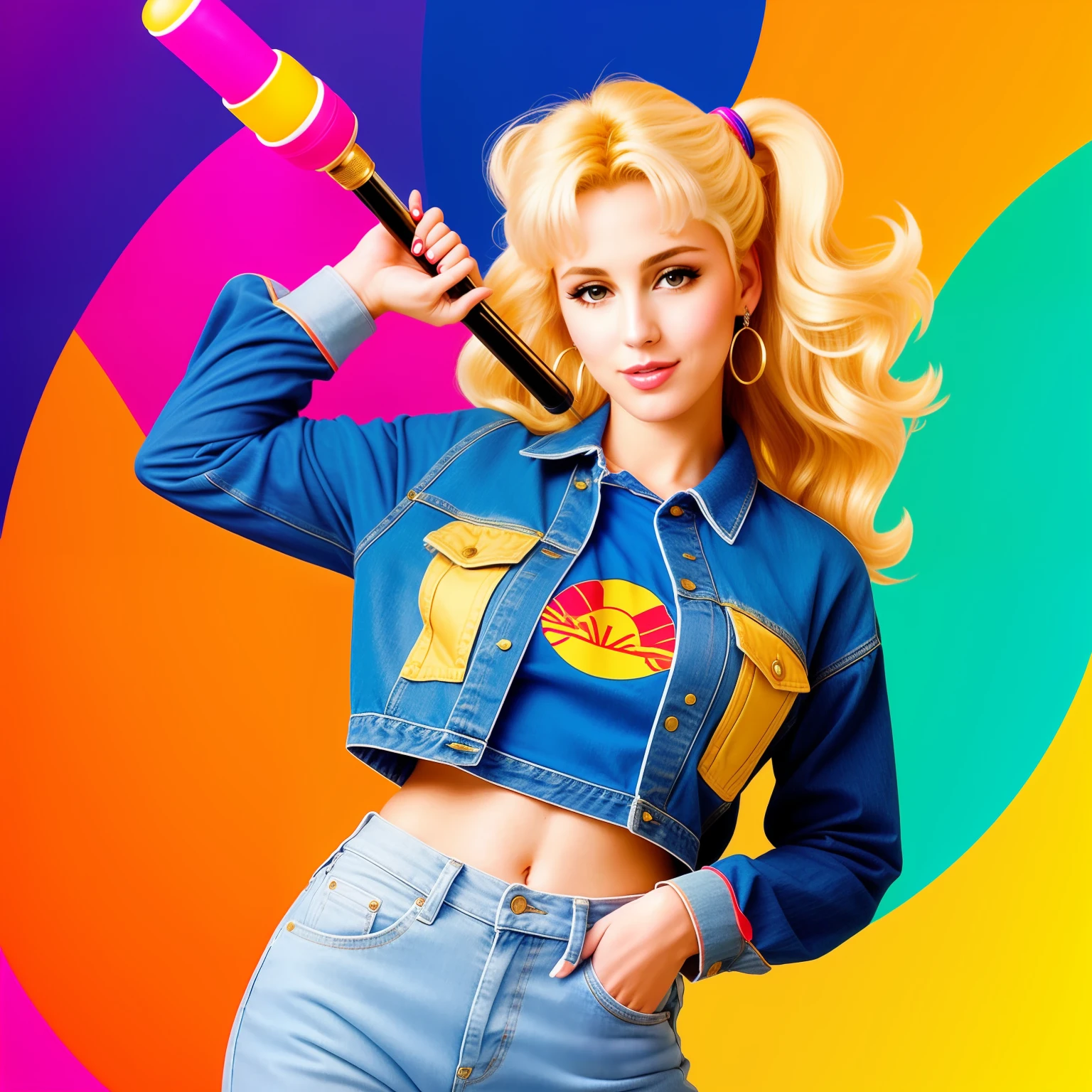 "(Mature and realistic portrayal:1.2) Sailor Moon exuding confidence as she holds a microphone, her blonde hair cascading down, adorned in stylish rainbow denim clothes from the 2000s, with a backdrop filled with donuts."