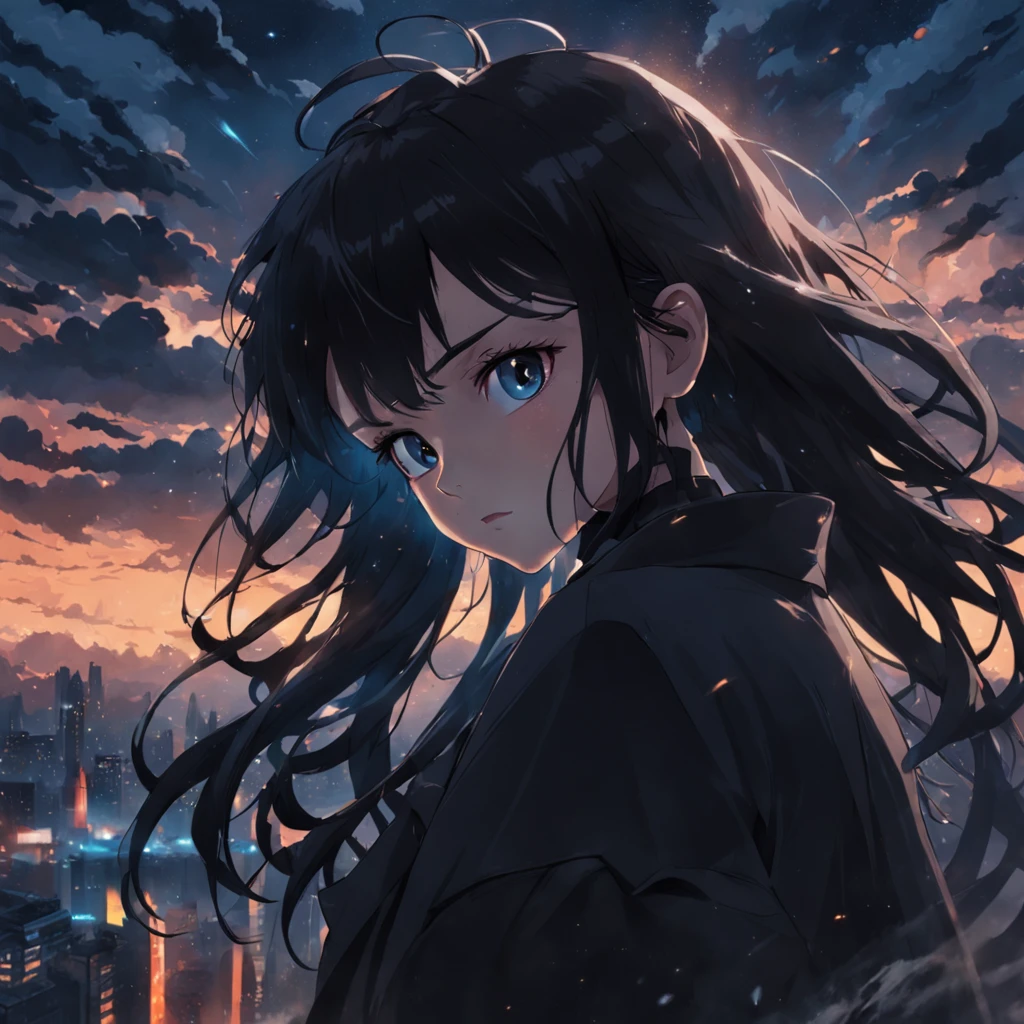 tmasterpiece,best qualtiy,cinematic Film still from,1girl,Cloud Girl,Floating in the sky,closeup cleavage,dark,Cold,Warm and soft lighting,Dark background,black hair girl,a black trench coat,Black eyes,The expression is grim,sharp looking eyes,frontage,(spark of light:0.7)