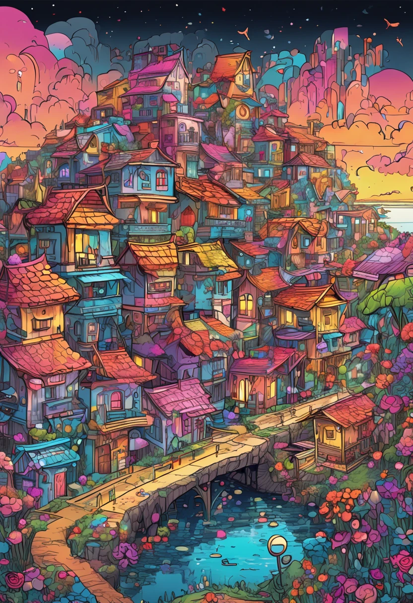 Illustration of colorful cyberpunk flower city with river flowing,Nostalgic and avant-garde、 Sakura blizzard、lots of flower、Vivid rainbow, A small dove and a small seagull are flying, colorful city, Brightly colored buildings,Shimmering gold and silver roof,Cottage Town, A dazzling magical village of sparkling gold and silver, Colorful scene, colorful architectural drawing, Illustrative!!, Coloring in lots of colors,