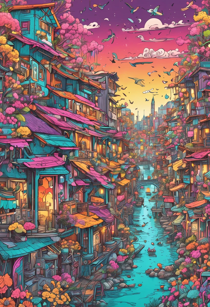 Illustration of colorful cyberpunk flower city with river flowing,Nostalgic and avant-garde、 Sakura blizzard、lots of flower、Vivid rainbow, A small dove and a small seagull are flying, colorful city, Brightly colored buildings,Shimmering gold and silver roof,Cottage Town, A dazzling magical village of sparkling gold and silver, Colorful scene, colorful architectural drawing, Illustrative!!, Coloring in lots of colors,