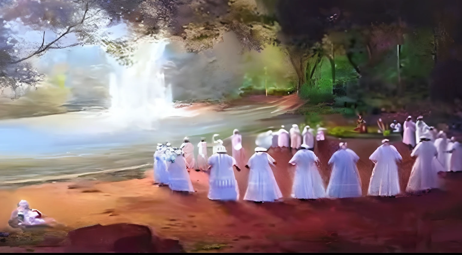 painting of a group of people dressed in white standing in a circle, flowing white robes, vestidos com vestes brancas, usando panos brancos, Directed by: Stanley Bahe, beautiful depiction, vestindo vestes brancas, pintura de figuras humanas brancas, vestes brancas, Ritual em uma floresta, cena espiritual, vestindo vestes brancas!, Directed by: Herbert MacNair, nesta pintura