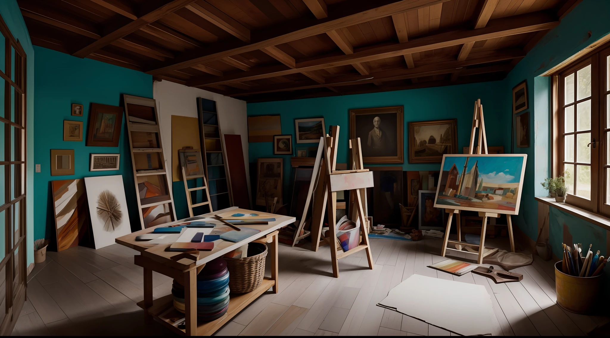 Create an image of the artist's studio, where his body is uncovered amidst the paints and brushes. Destaque as cores vibrantes ao redor, com a paleta cuidadosamente posicionada. Capture a dualidade entre a beleza e o horror.