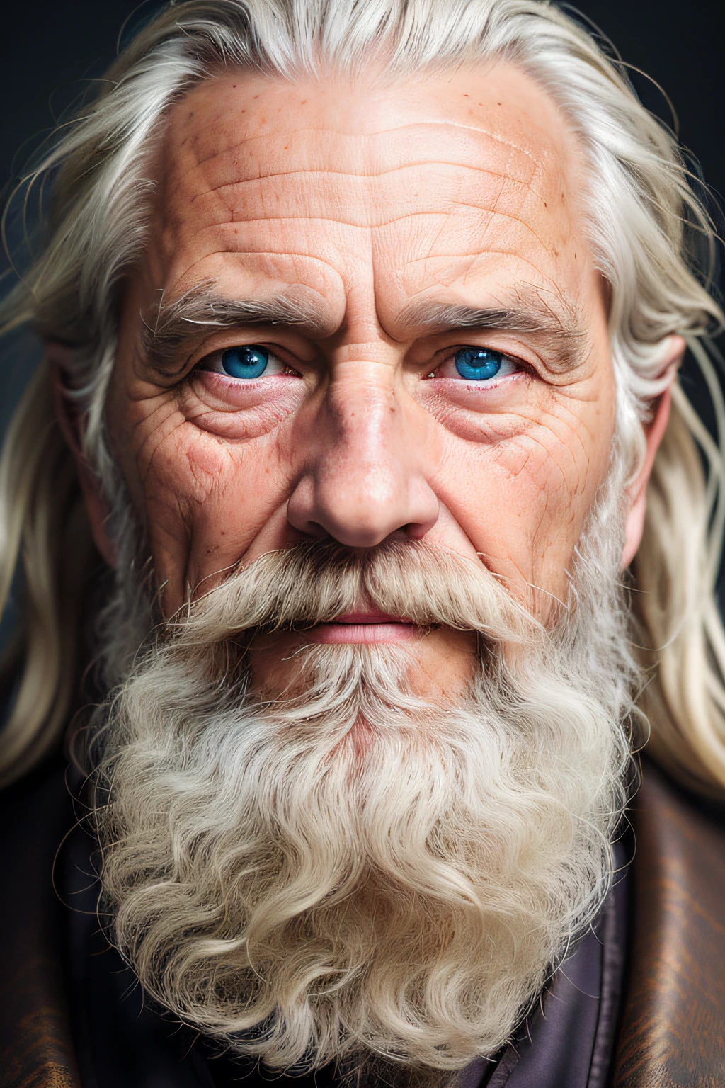 dark theme, ultra resolution, hyper realistic, hdr, absyrdres, cinematic shot, vignette, centered, short DOF,
a closeup portrait of an old man, Scandinavian, looking at camera,
blue old eyes,
short white hair, one braided hair curl, white VIKING BEARD,
missing teeth,
narrow face
dark skin, wide shoulders, weathered by sun and sat water,
royal doublet with gold patterns,
royal chambers
camera focus on an eye, high focal length, dslr, 200mm lens,
photo by Cristina Otero, dark studio, rim lighting, two tone lighting, dimly lit, low key, backlight,