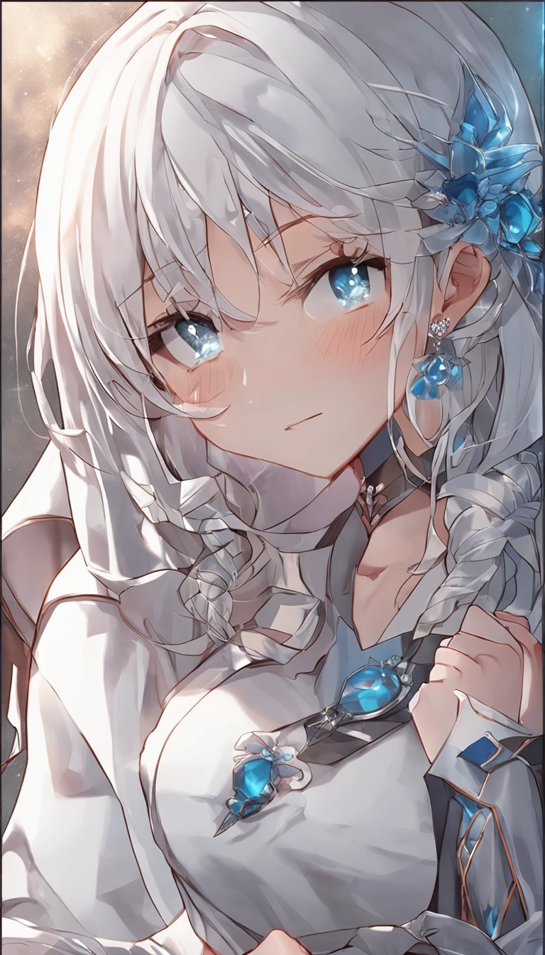 1girl, best quality, priest, stole, white hair, blue eyes