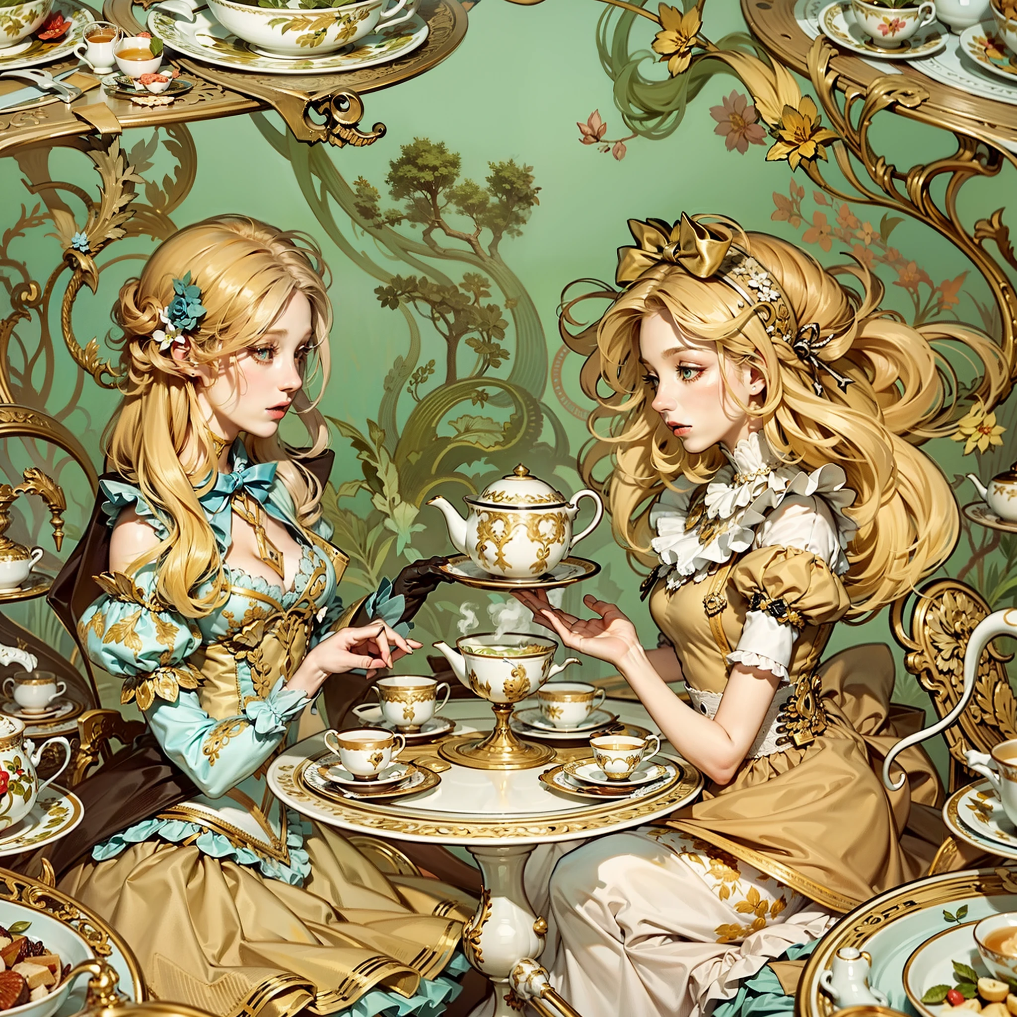 Alice in wonderland tea party, Art Nouveau style.