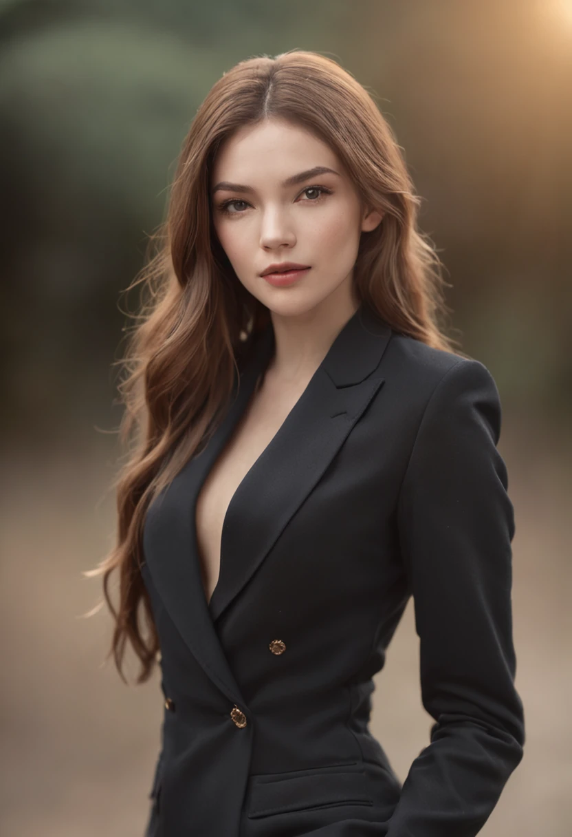 (beautiful woman in black suit without tie), (European), attractive appearance, long golden hair, stylish and stylish, shaved body in suit, showy body, (top) high quality and real picture), in the background Dark black and light image, cinematic style, (best quality, 8k, masterpiece).