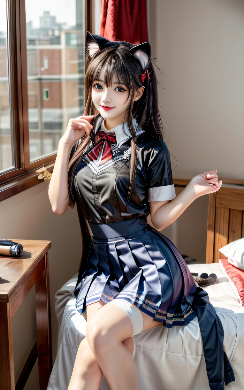 (masterpiece, best quality), 1 beautiful girl, cat ears, smile, slim body, (school uniform:1.1), (detailed beautiful eyes), paw gloves, bedroom, indoors,
