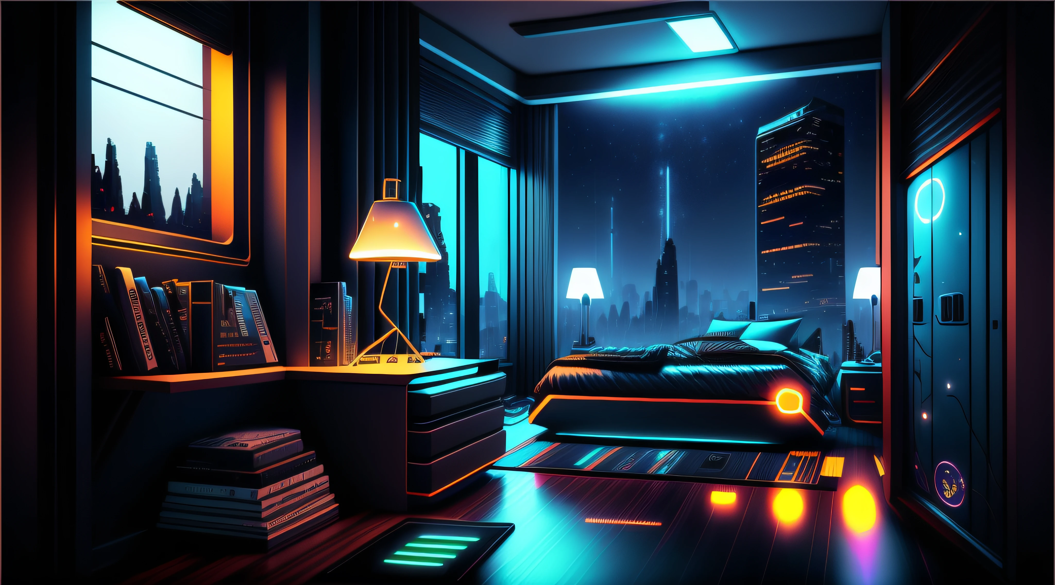 cyberpunk calm night tech bedroom computer desktop microphone lamp computer water dispenser small fluorescent starry sky smooth floor fox minimalism deconstructivism fragmentation gorgeous sculpture floor-to-ceiling windows light bed camera chair game game life game interface