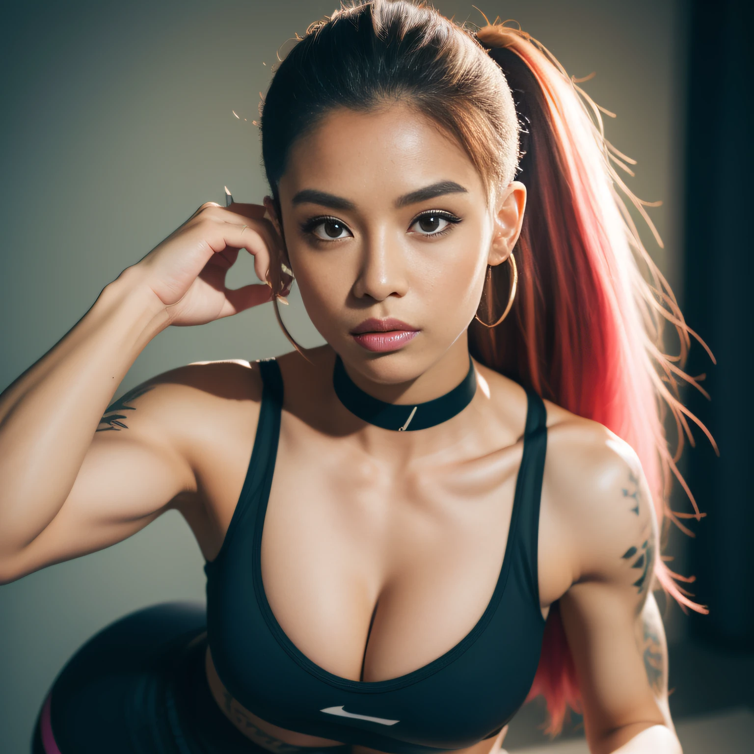 best quality, masterpiece, highres, 1girl, Beautiful face, photorealistic, 8k, UHD, long pink hair, ponytail, arm tattoos, tattooed, toned abs, sweat, Asian, female, muscular, muscular biceps, choker, dark skin, sports bra, cleavage, kneeling, gym, tight leggings, looking at camera,,(high detailed skin:1.2), 8k uhd, dslr, high quality, candid, Photograph, high resolution, 4k, 8k,