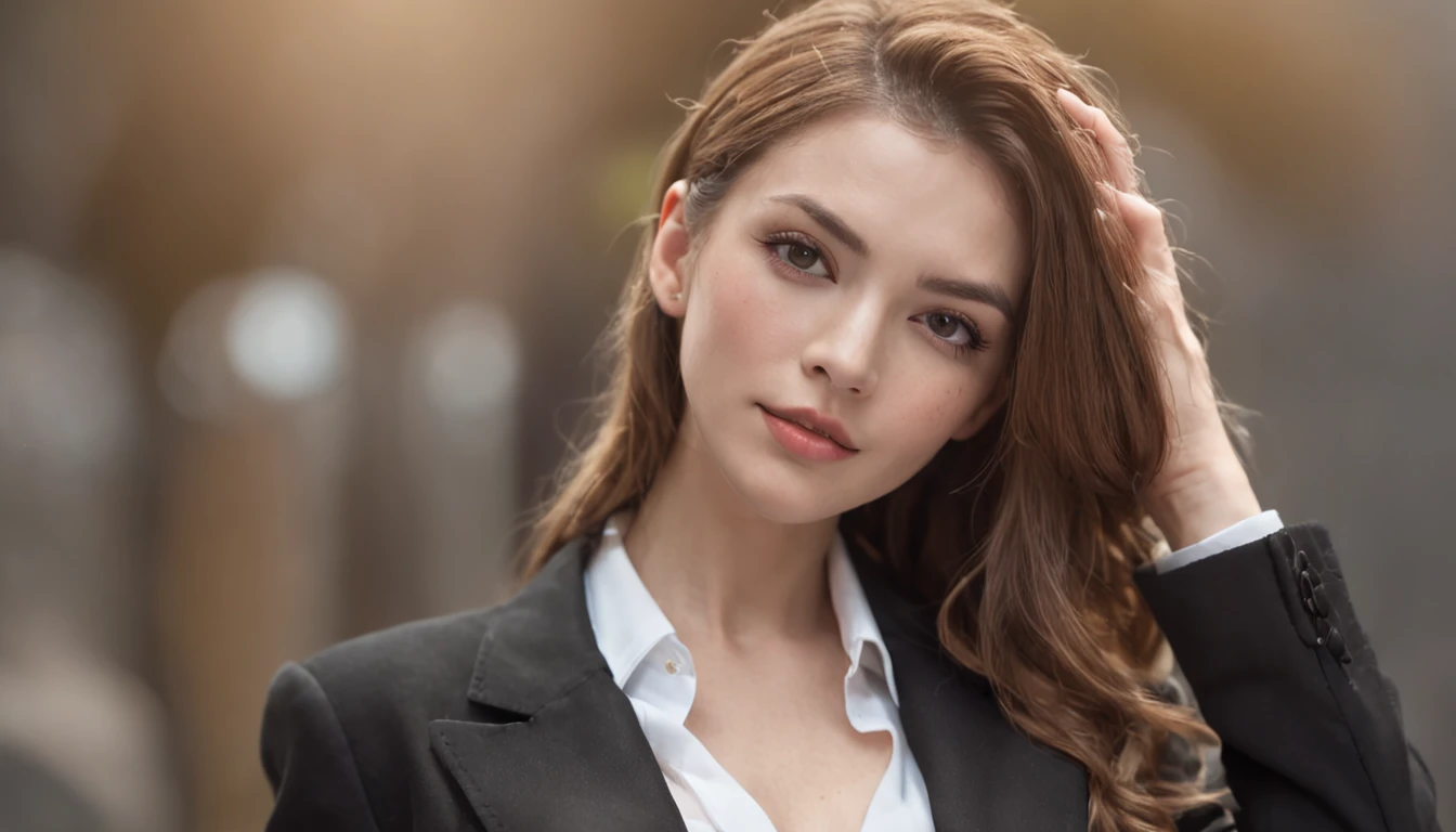 (beautiful woman in black suit without tie), (European), attractive appearance, long golden hair, stylish and stylish, shaved body in suit, showy body, (top) high quality and real picture), in the background Dark black and light image, cinematic style, (best quality, 8k, masterpiece).