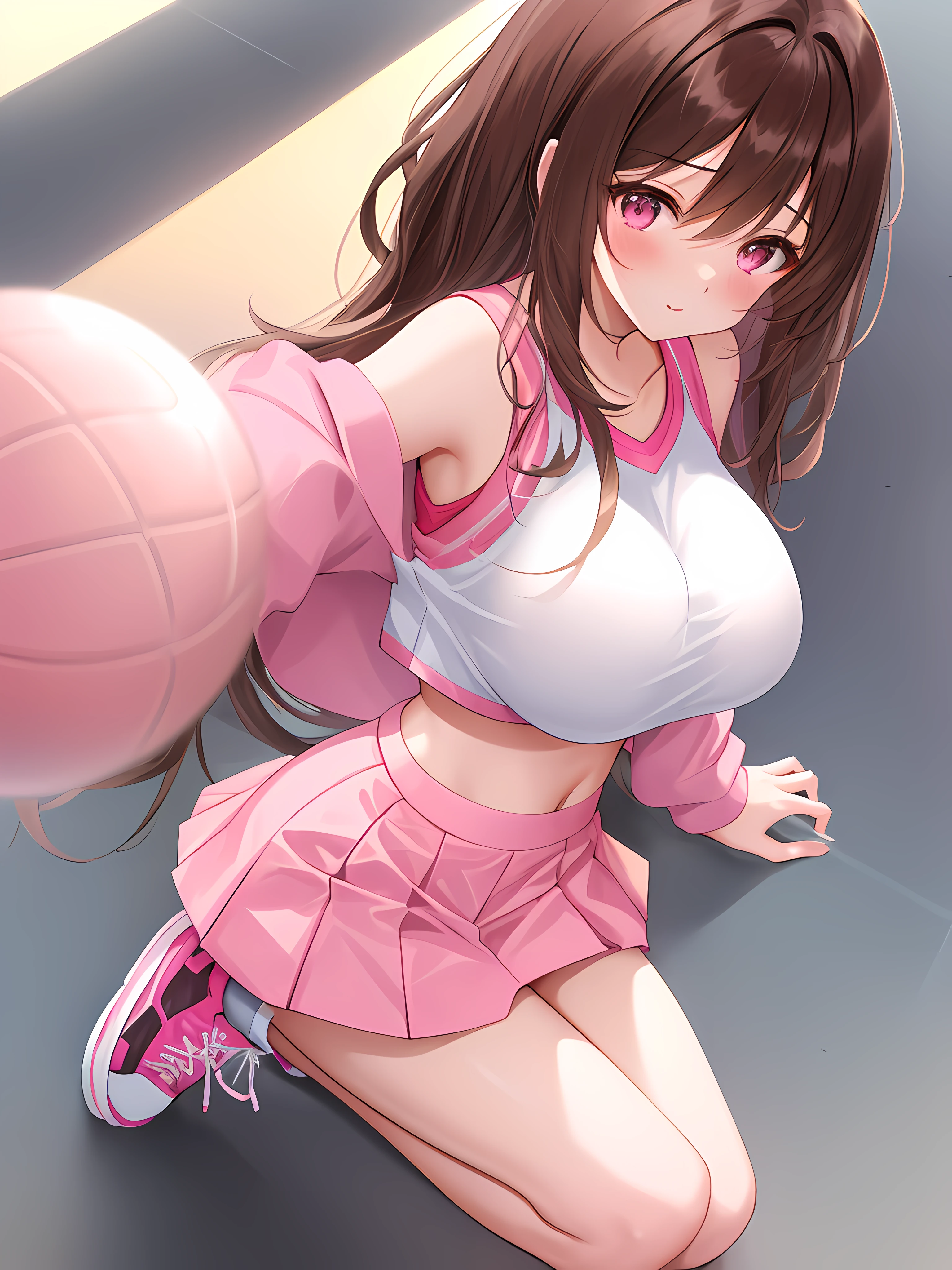 shoulder length messy brown hair, wearing a pink crop top and pink mini skirt with white knee-high leggings and Nike sneakers, long athletic legs, on a basketball court, happy, Beautiful anime style school girl, clean detailed face, intricate clothing, analogous colours, glowing shadows, beautiful gradient, depth of field, clean image, high quality, high detail, high definition, Luminous Studio graphics engine, cute face, big breast, slim waist, nice hips,