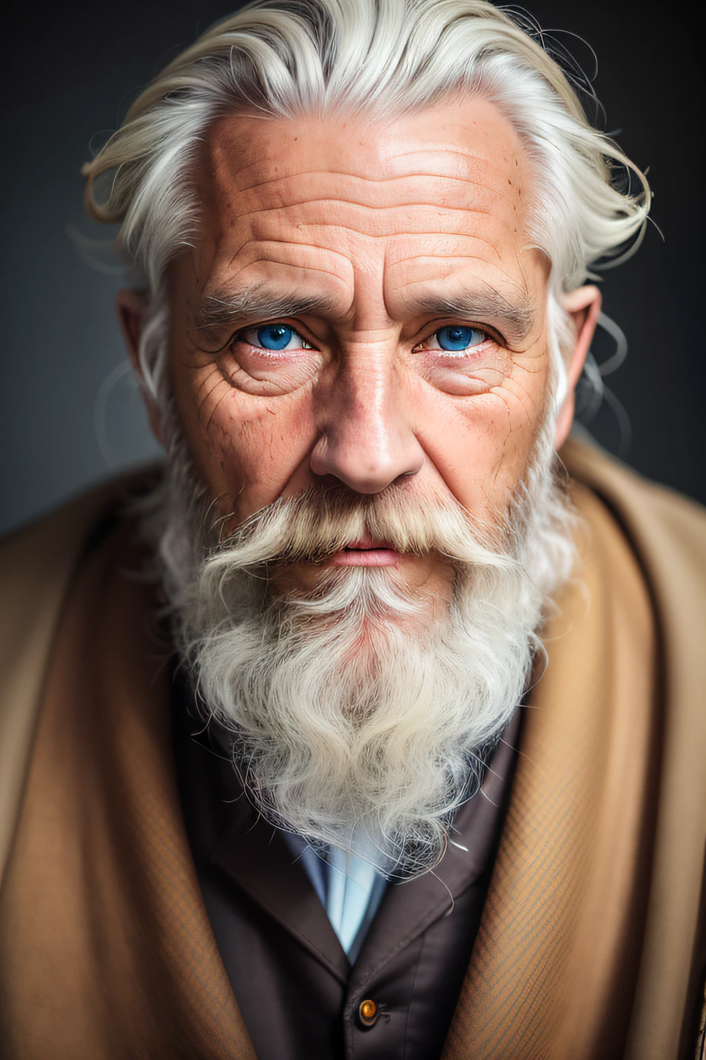 dark theme, ultra resolution, hyper realistic, hdr, absyrdres, cinematic shot, vignette, centered, short DOF,

a closeup portrait of an old man, Scandinavian, looking at camera,
blue old eyes,
short white hair, one braided hair curl, white VIKING BEARD,
missing teeth,
narrow face
dark skin, wide shoulders, weathered by sun and sat water,
royal doublet with gold patterns,

royal chambers

camera focus on an eye, high focal length, dslr, 200mm lens,
photo by Cristina Otero, dark studio, rim lighting, two tone lighting, dimly lit, low key, backlight,