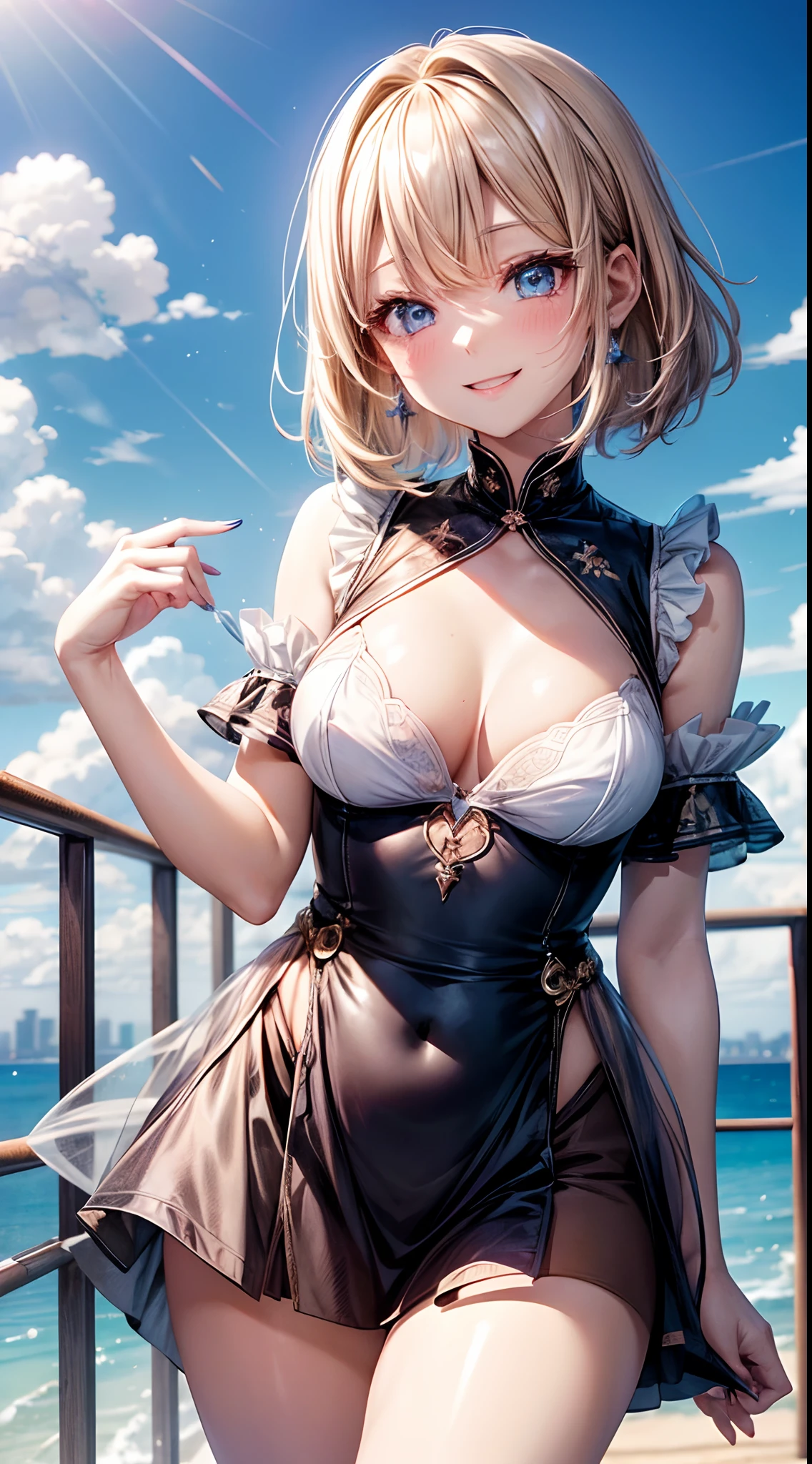 absurderes, (独奏:1.5,)ultra-detailliert,bright colour, extremely beautiful detailed anime face and eyes, view straight on, ;D, shiny_skin,25 years old, Short hair,, asymmetrical bangs, Blonde hair with short twin tails, Shiny hair, Delicate beautiful face, red blush、(Blue eyes), White skin,  earrings, Beautiful skyline，(magnificent sky)，(Happy smile:1.4),beautiful and delicate eyes，Cute Girly，Perfect slim body，(Cowboy Shot:1.2)