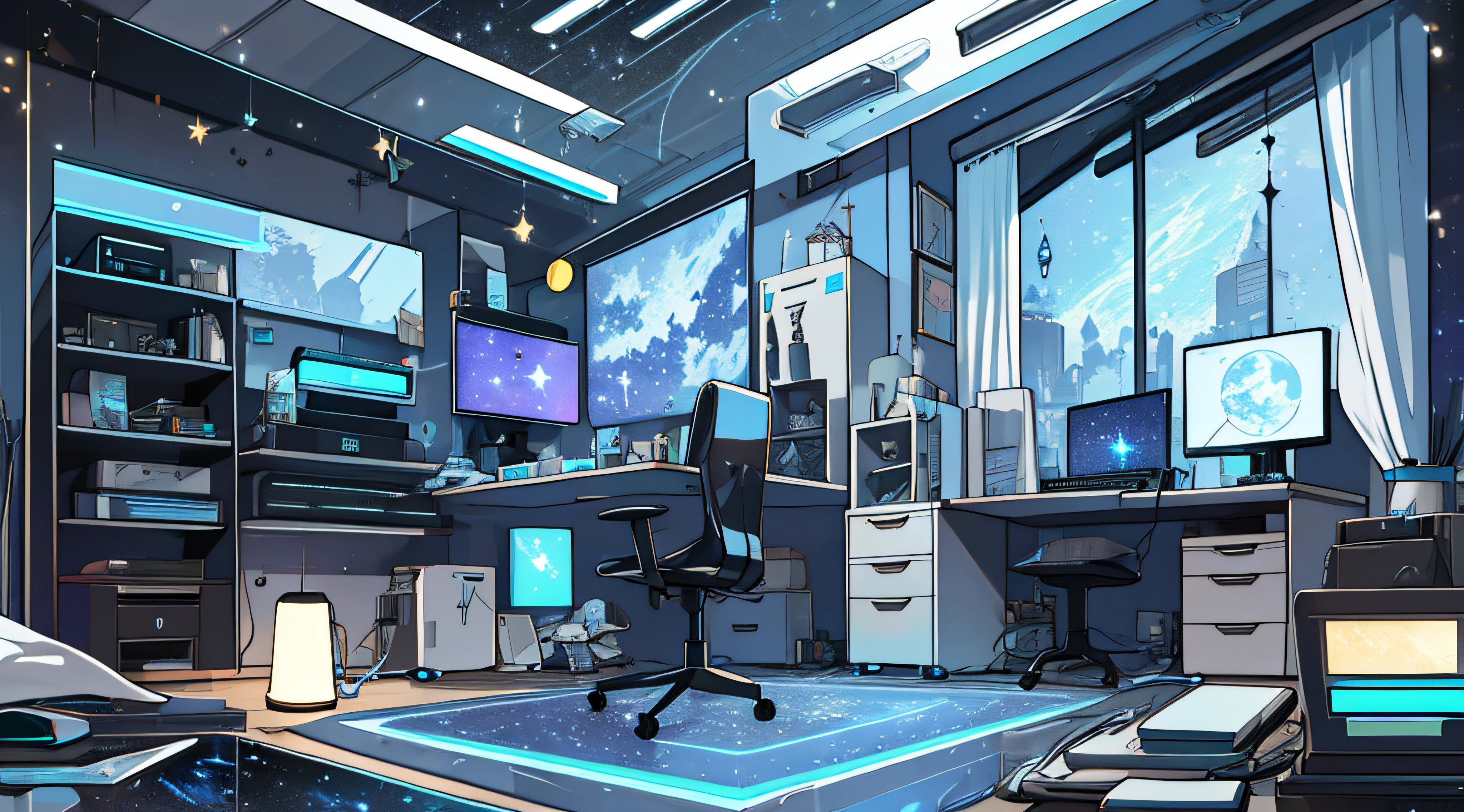 Warm Light Source Cyberpunk Calm Night Tech Bedroom Computer Desk Microphone Lamp Computer Water Dispenser Small Fluorescent Starry Sky Smooth Floor Fox Minimalism Deconstructivism Fragmentation Gorgeous Sculptures Floor-to-ceiling windows Light Bed Camera Chair Game Interface