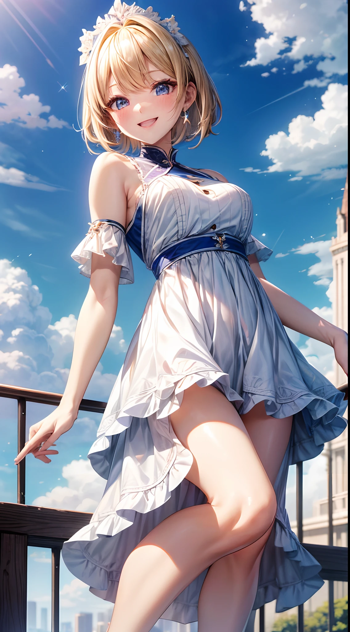 highest quality、High definition、Beautiful skin quality、Clear Eyes、One woman、Blonde short、Ring piercing of the earlobe、Holding a microphone、Sing a song、Dancing and singing in a nightclub、Sweat、Oversized off-the-shoulder T-shirt、Short bottom skirt、Beautiful legs、Beautiful thighs、Shot from above