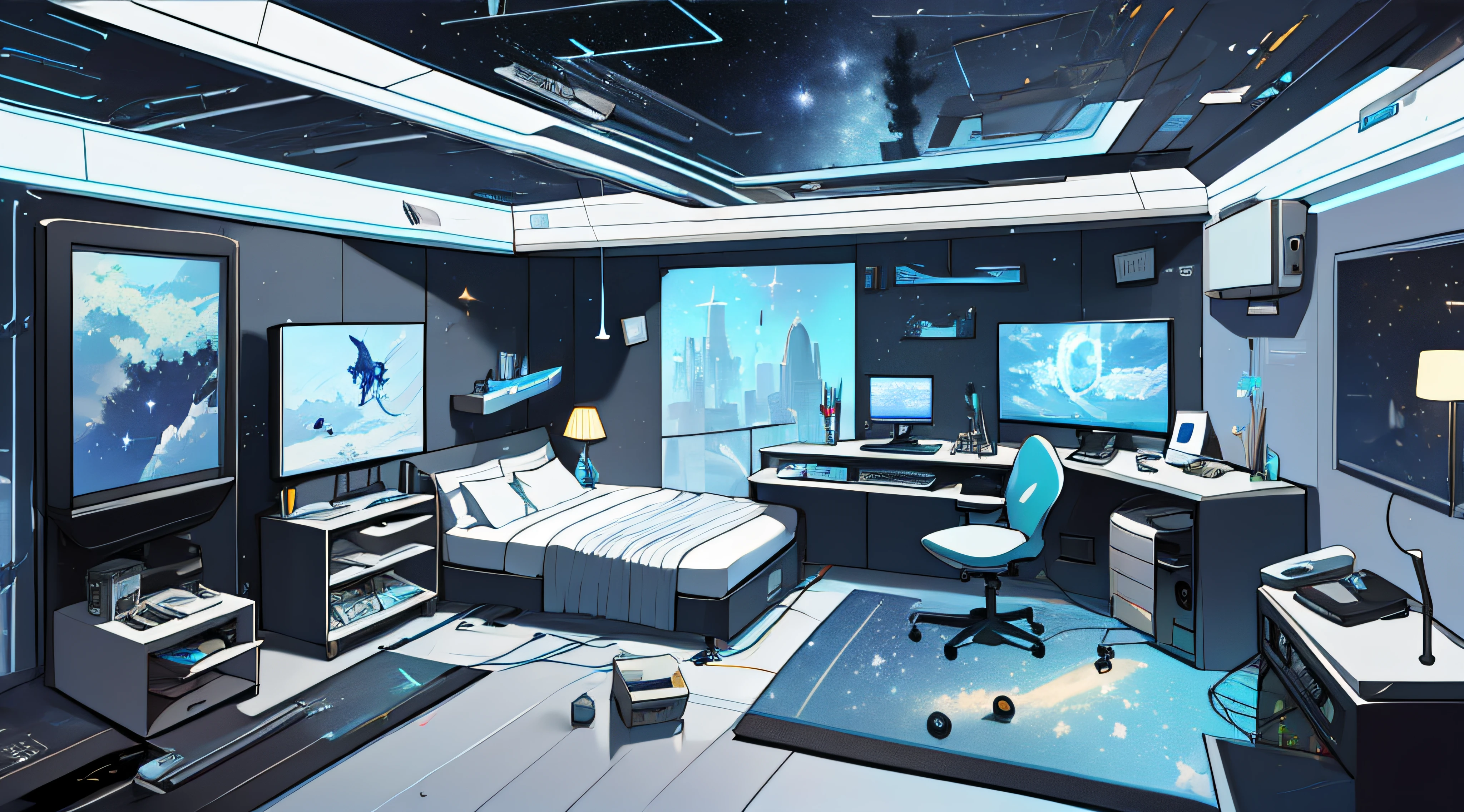 Warm Light Source Cyberpunk Calm Night Tech Bedroom Computer Desk Microphone Lamp Computer Water Dispenser Small Fluorescent Starry Sky Smooth Floor Fox Minimalism Deconstructivism Fragmentation Gorgeous Sculptures Floor-to-ceiling windows Light Bed Camera Chair Game Interface