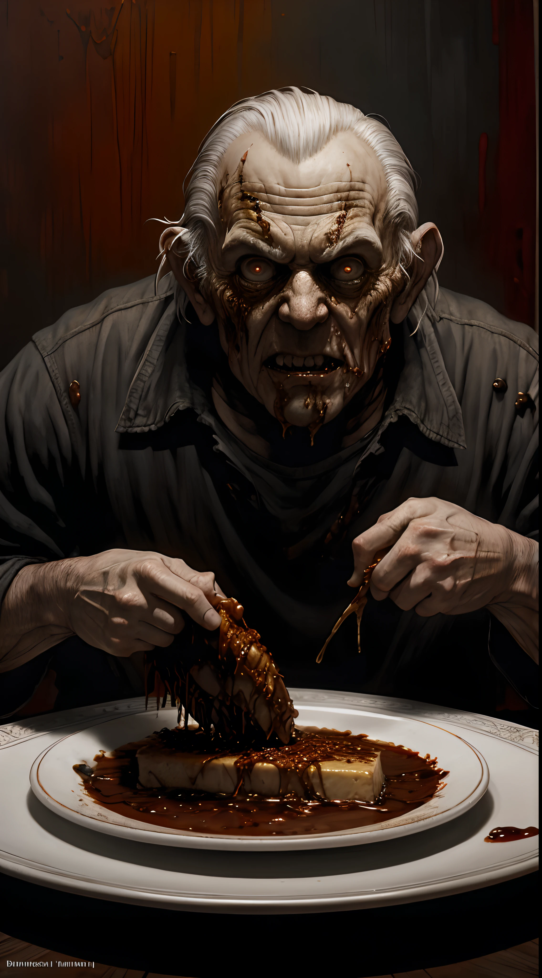 "  disgusting vomiting and nasran in the plate, Painting by Beksinsky, Bernie Wrightson, Trending on ArtStation, horrorporn film, creepypasta"He'll eat it all.nowhere to go