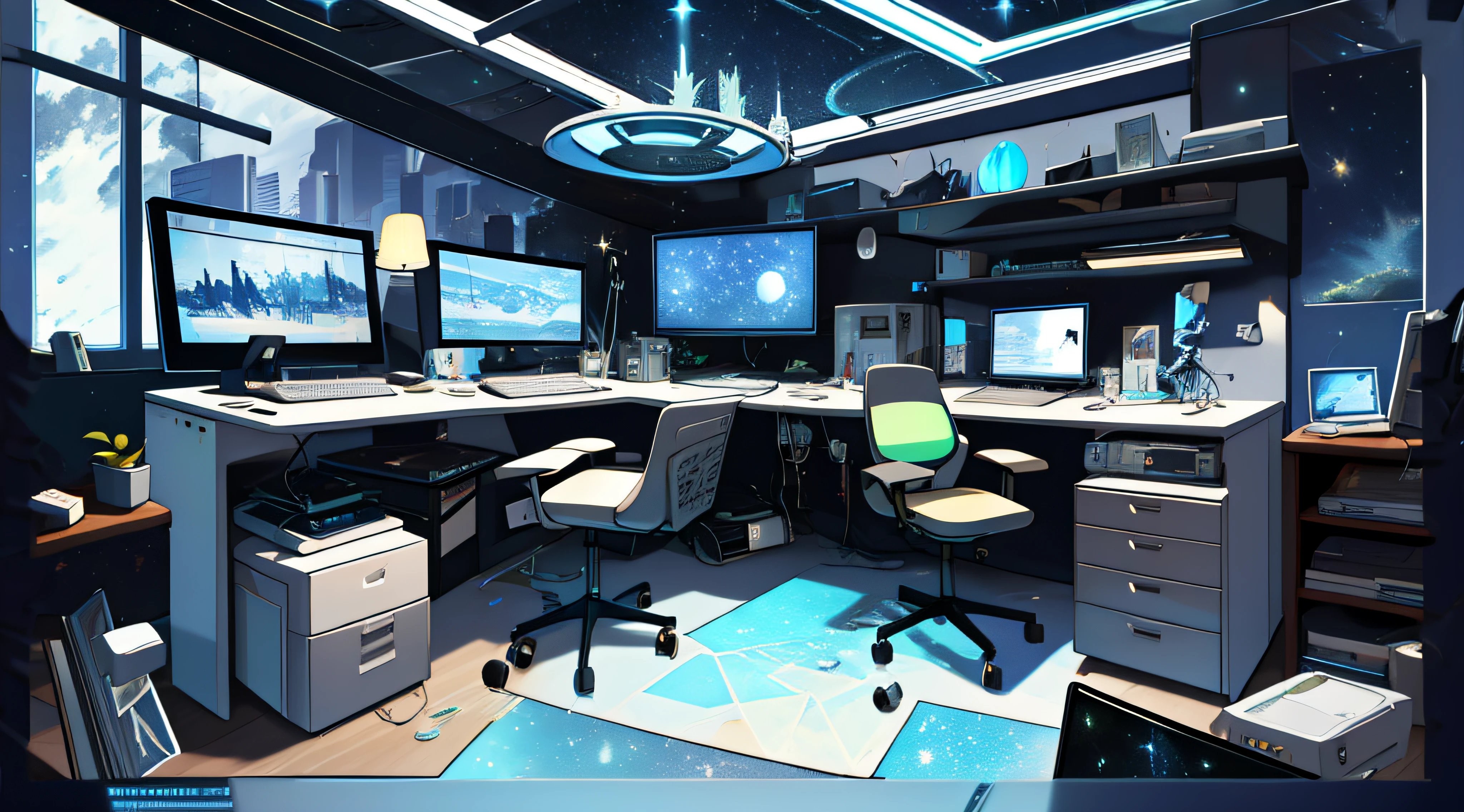Warm Light Source Cyberpunk Calm Night Tech Bedroom Computer Desk Microphone Lamp Computer Water Dispenser Small Fluorescent Starry Sky Smooth Floor Fox Minimalism Deconstructivism Fragmentation Gorgeous Sculptures Floor-to-ceiling windows Light Bed Camera Chair Game Interface