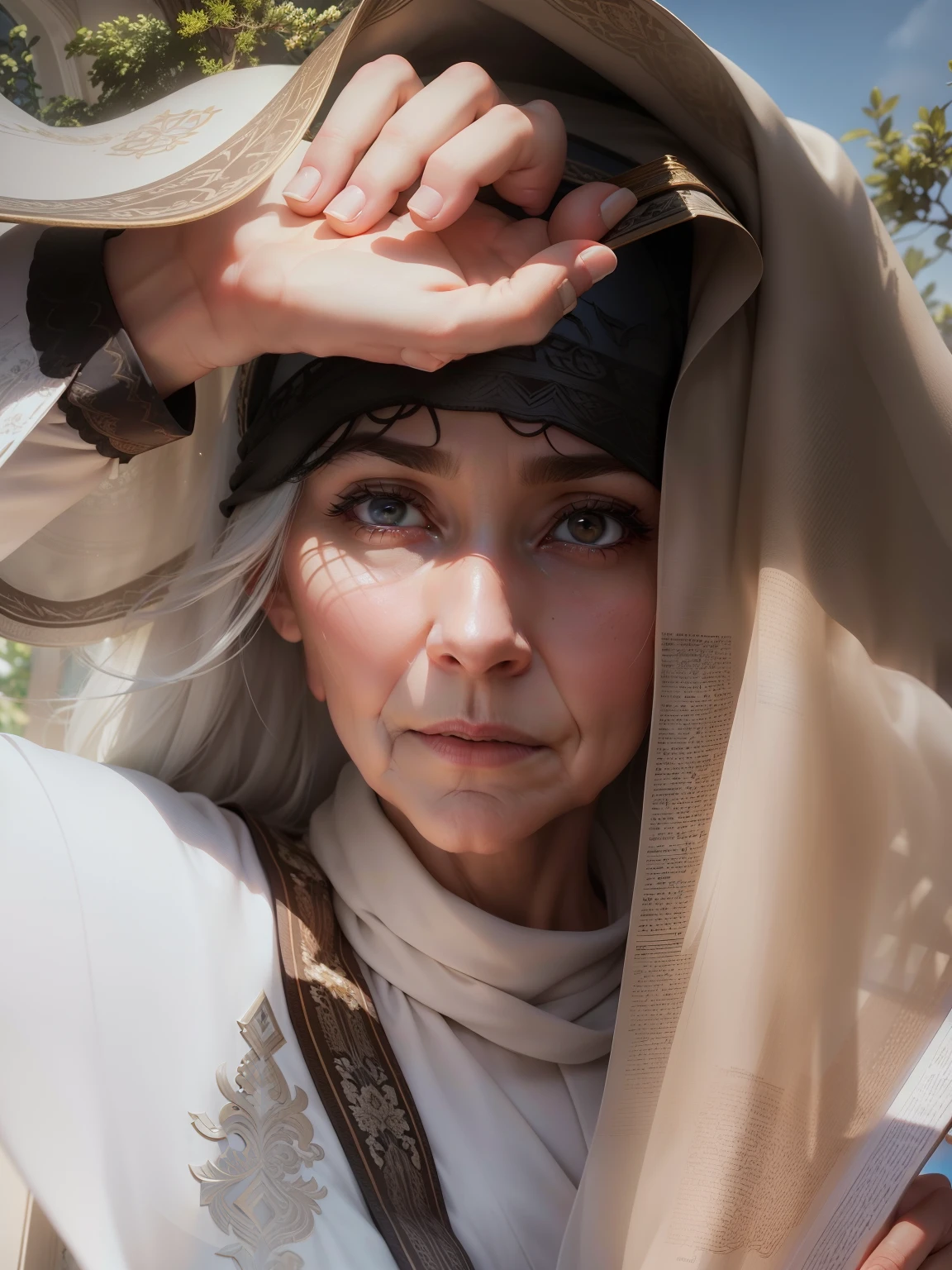 Immerse yourself in the realm of cinematic 3D artistry as you create a captivating image of an aged person with long white hair, deeply engrossed in reading the Quran. Envision a scene that exudes a profound sense of serenity and spirituality.Craft the character with meticulous attention to detail, capturing the wisdom etched upon their face and the gracefulness of their long white hair. Picture them in a tranquil setting, surrounded by an aura of divine light, as cinematic lighting adds depth and drama to the scene.Illuminate the space with soft, ethereal light, casting gentle shadows that enhance the sense of reverence. Create an atmosphere of tranquility and devotion, with subtle details like rays of light filtering through a window or candles casting a warm