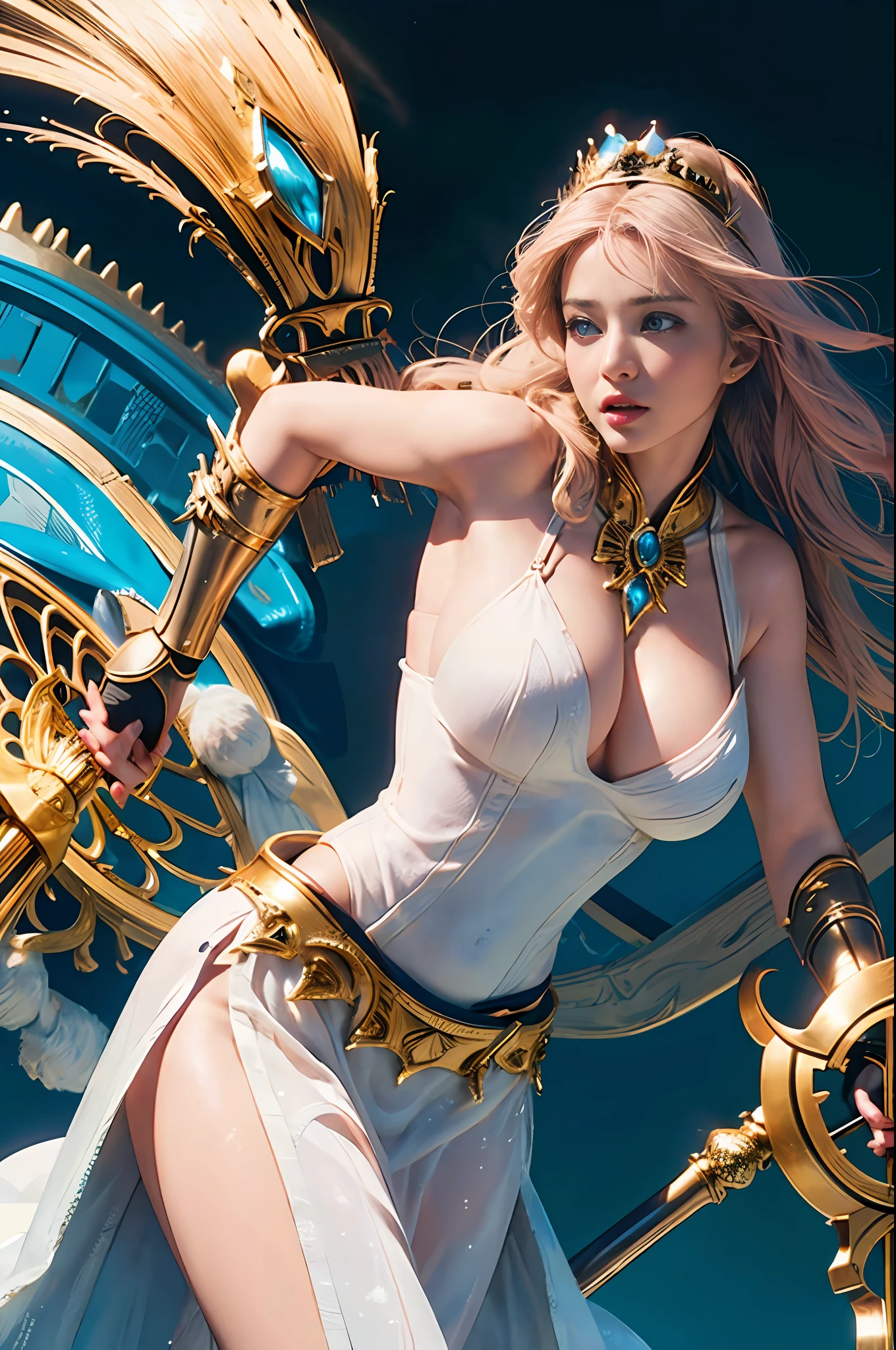 offcial art, Unity 8K wallpaper, Ultra detail, Masterpiece, Best quality, A woman who is, (Very detailed),(RAW photo, Best quality), (Realistic, Photorealistic:1.3), High definition, Very wide open mouth, ultra-detailed complex 3D rendering of face, (Big breasts: 8.8), (Highly detailed skin: 1.2), (exposure: 1.1), Beautiful Caucasian Woman，Plump soft breasts and fair skin with big ass (Topless), Breasts, White hair, Blue eyes, Long hair, (translucent pink dress), Dynamic Angle, enigmatic expression, fire glow effect, Fantasy background, rim lit, Side light, Cinematic light, hyper HD, 8K, filmgrain,Best shadow, Light particles, Detailed skin texture, Detailed jewel armor texture, Detailed face, intricately details, Super detailed, Bright, Strong, Gold armor, cleavage, Slender abs, have glowing weapons, have a shield, pole dron, ((beautiful huge crown with detail)), Shining eyes, long red cloak, fantasy, (Realistic),