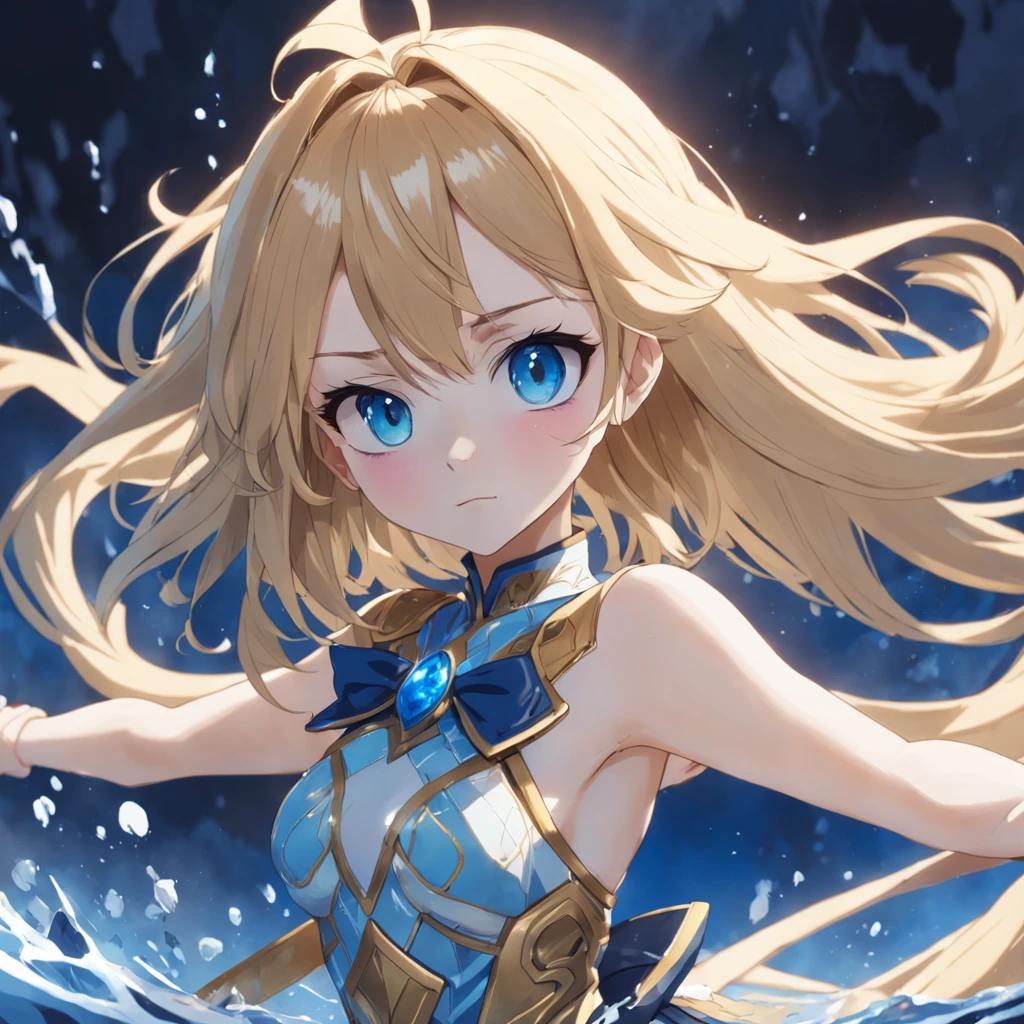 um close up de um personagem de desenho animado com vestimenta azul, pose heroica, sombreamento estilo anime plano, Loira, blonde girl, Pose elegante real, avatar com um cabelo loiro, azul. cabelo detalhado, imagem do avatar, cel - estilo de arte sombreado, personagem estilo anime, inspirado por Li Chevalier, roupas azuis e poses inspiradas na feiticeira escarlate, poderes de agua, controlando agua, pose heroica