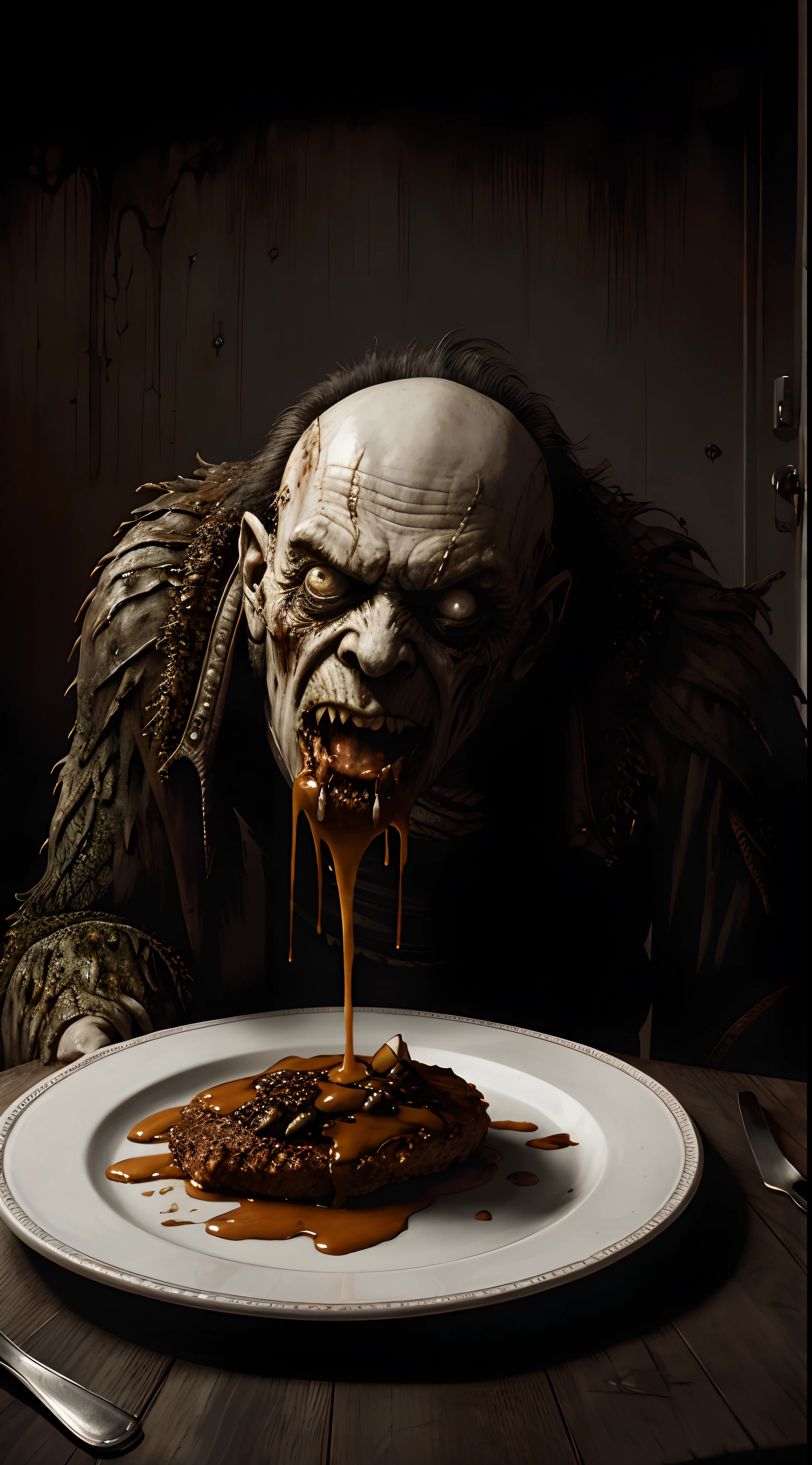 " disgusting vomiting and nasran in the plate, Painting by Beksinsky, Bernie Wrightson, Trending on ArtStation, horrorporn film, creepypasta"He'll eat it all.Nowhere to go.Yes, for 100r, he will also lick the plate