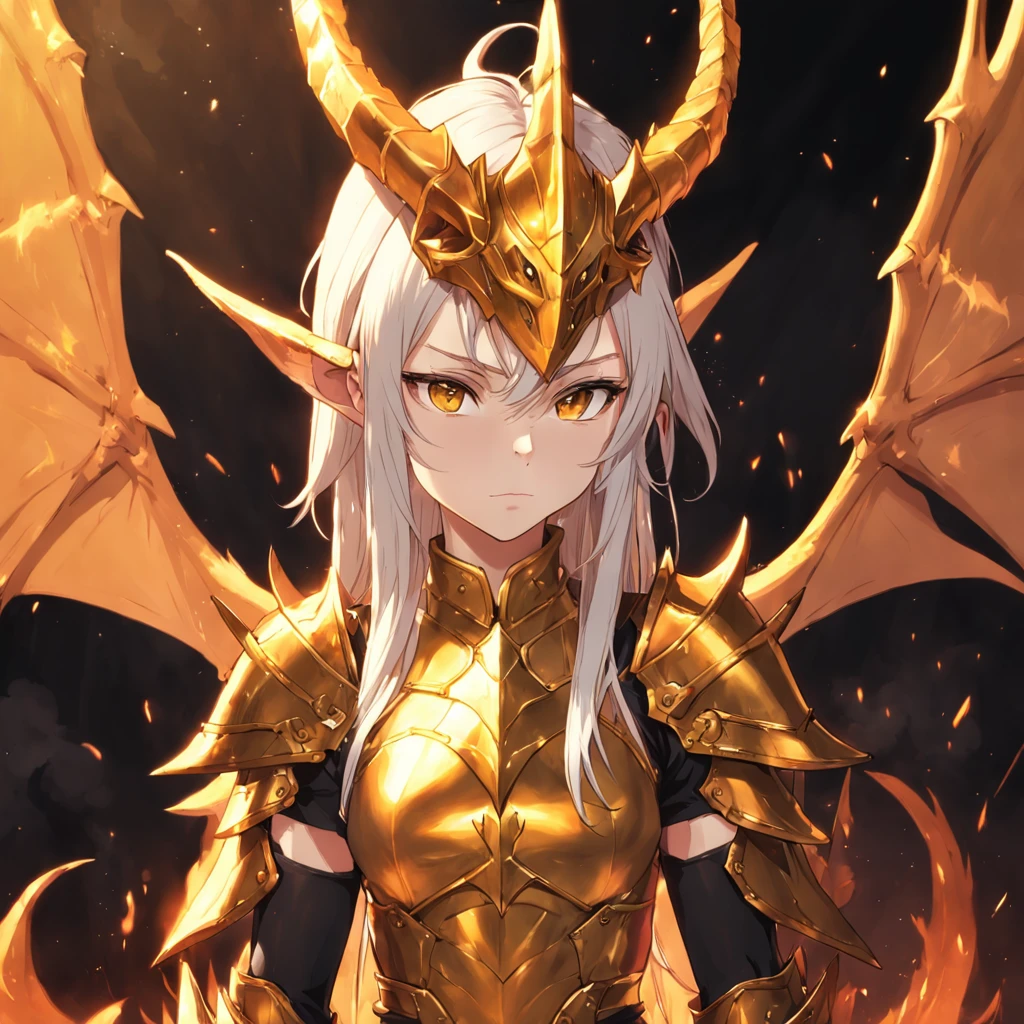 elf, golden firey armor and helm, dark gold dragon wings, golden spiked dragon tail, standing in an inferno, Masterpiece, Best Quality