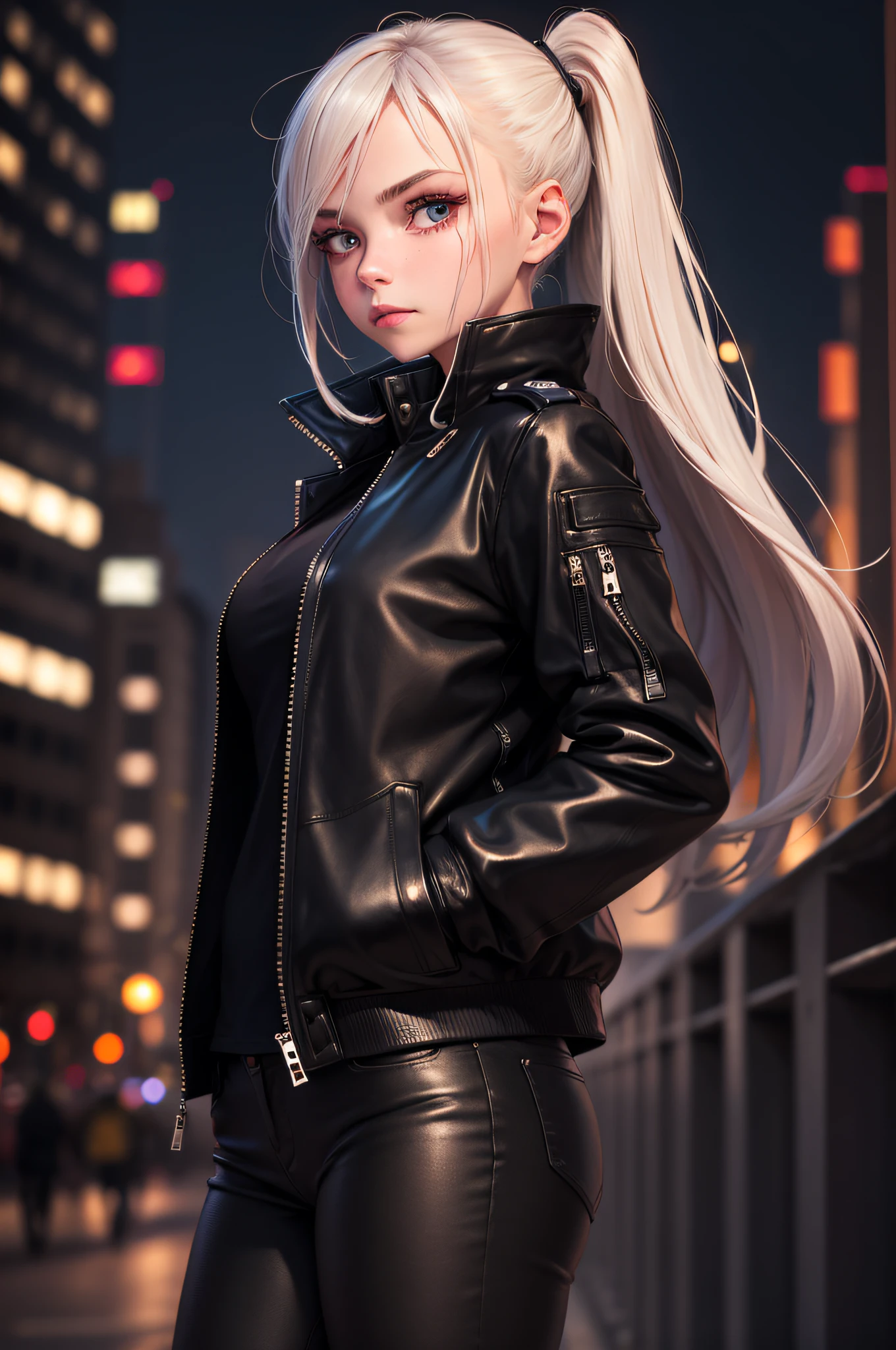 1 girl, night city, Sateen, black jacket, hands in pocket, eye to eye contact
