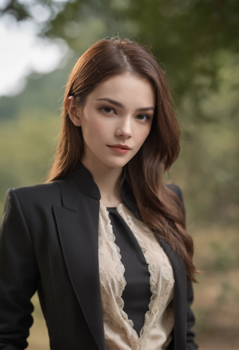 (beautiful woman in black suit without tie), (European), attractive appearance, long golden hair, stylish and stylish, shaved body in suit, showy body, (top) high quality and real picture), in the background Dark black and light image, cinematic style, (best quality, 8k, masterpiece).