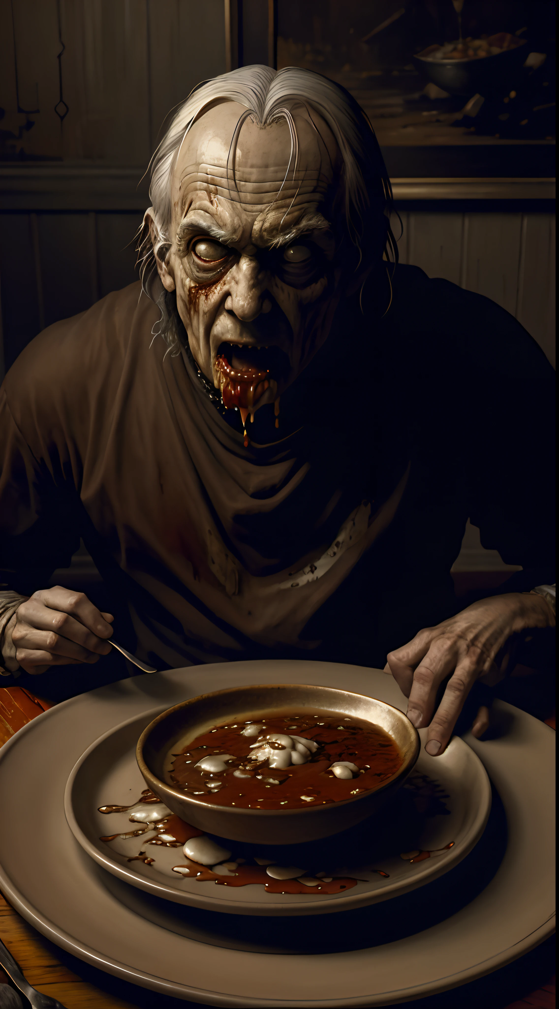 " disgusting vomiting and nasran in the plate, Painting by Beksinsky, Bernie Wrightson, Trending on ArtStation, horrorporn film, creepypasta"He'll eat it all.Nowhere to go.Yes, for 100r, He also licks the plate