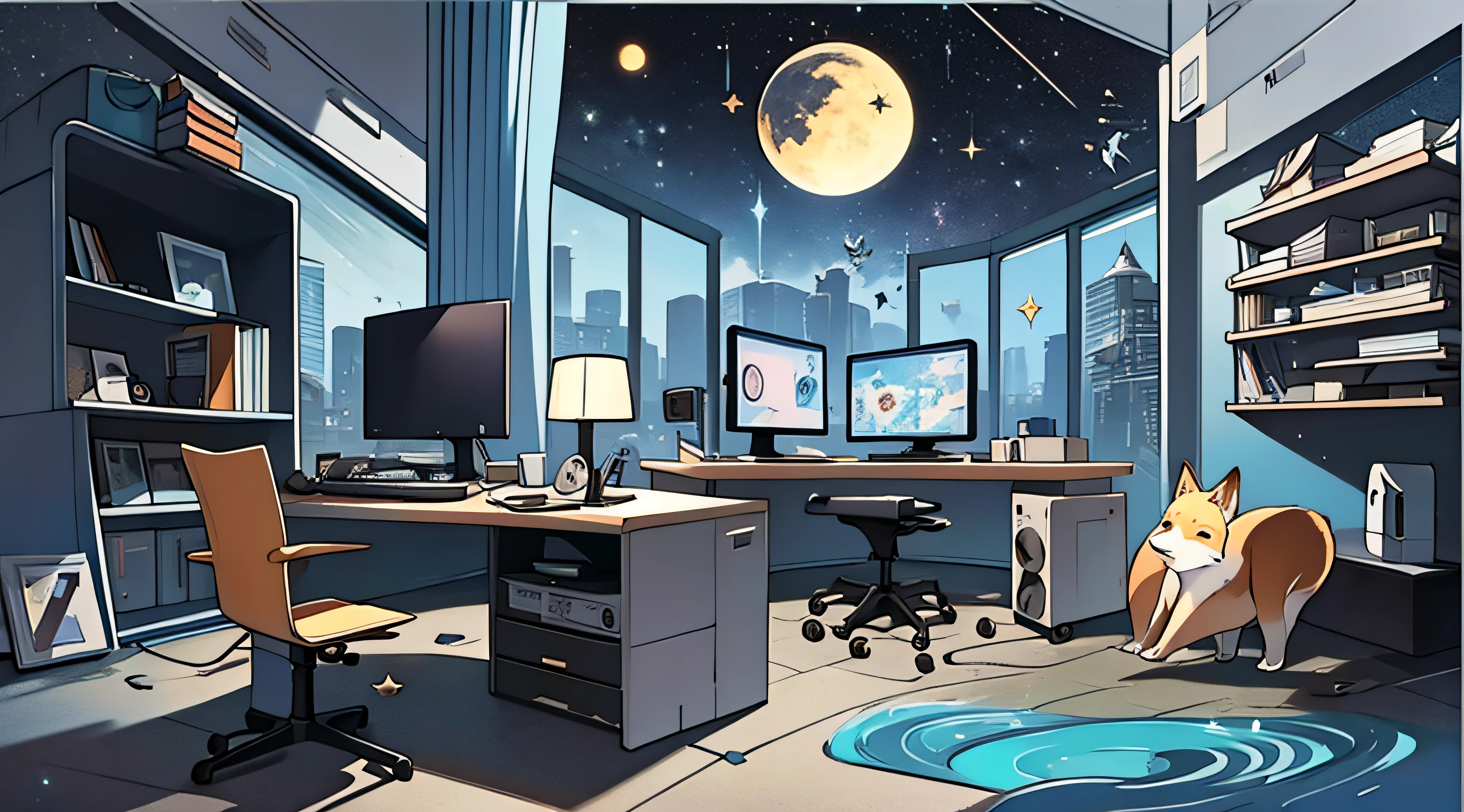 Warm light source Cyberpunk Calm night Tech bedroom Computer desk Microphone light Computer water dispenser Small fluorescent Starry sky Smooth floor Fox minimalism Deconstructivism Fragmentation Gorgeous sculptures Floor-to-ceiling windows Light bed Camera chair Game interface A monitor