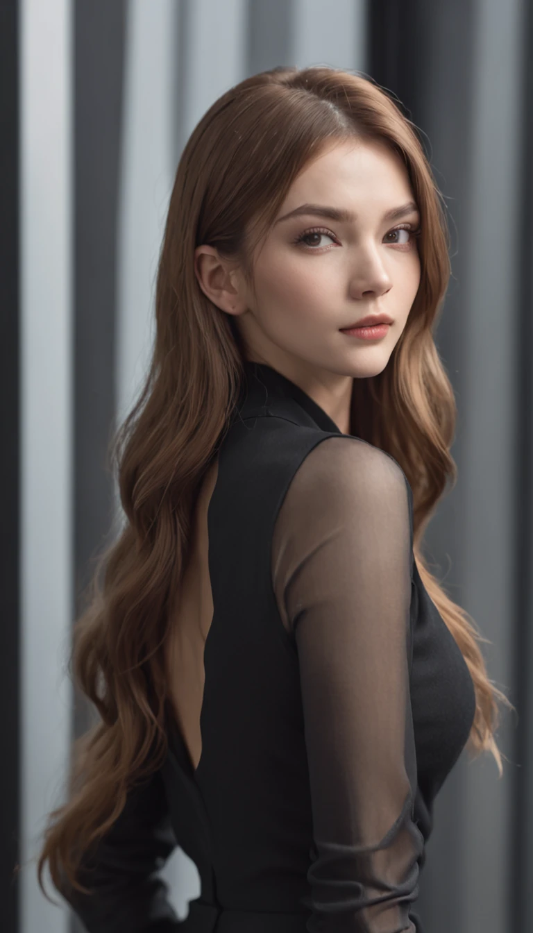 (beautiful woman in black suit without tie), (European), attractive appearance, long golden hair, stylish and stylish, shaved body in suit, showy body, (top) high quality and real picture), in the background Dark black and light image, cinematic style, (best quality, 8k, masterpiece).