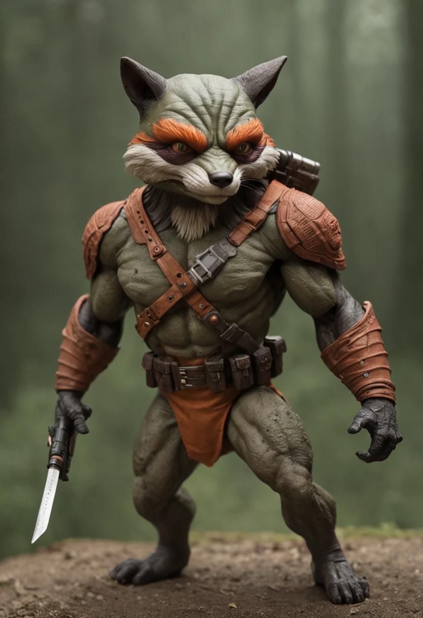 a humanoid creature with the features of a fox and mutant traits similar to those of the Ninja Turtles, Firing big guns to zombie horde