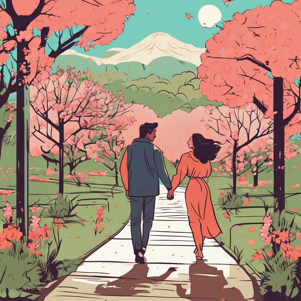 A romantic couple walking together in a Japanese spring garden, Garota estatura baixa ela tem cabelo castanho e o Garoto Alto ele tem cabelo preto. Anime flat illustration Estilo de arte ::Seed 9898