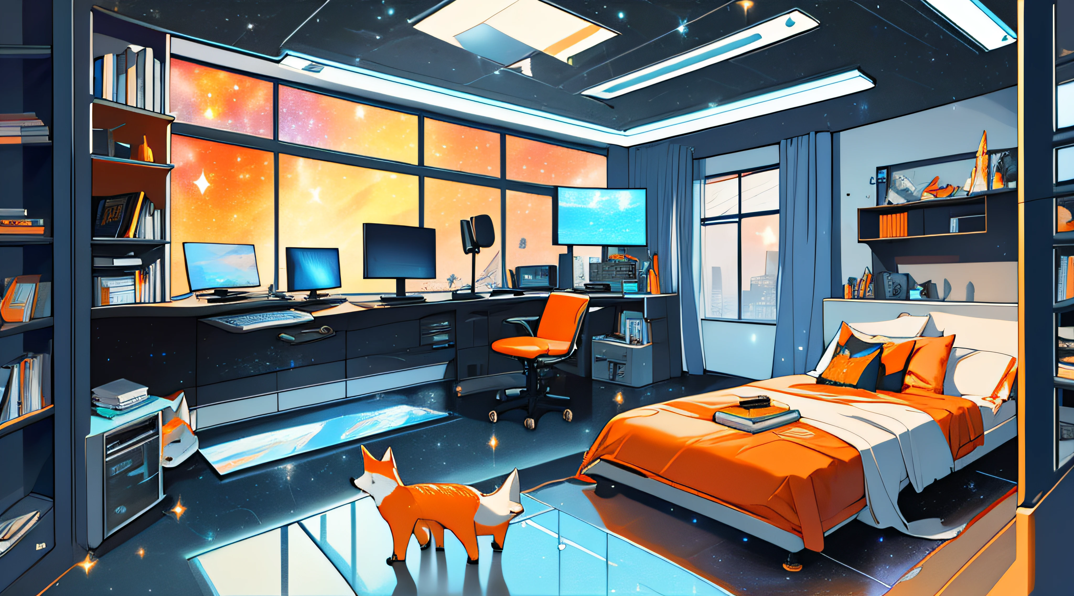 Warm Light Source Cyberpunk Calm Night Tech Bedroom Computer Desk Microphone Light Computer Water Dispenser Small Fluorescent Starry Sky Smooth Floor Fox Minimalism Deconstructivism Fragmentation Gorgeous Sculpture Floor-to-ceiling windows Light Bed Camera Chair Game Interface A warm orange