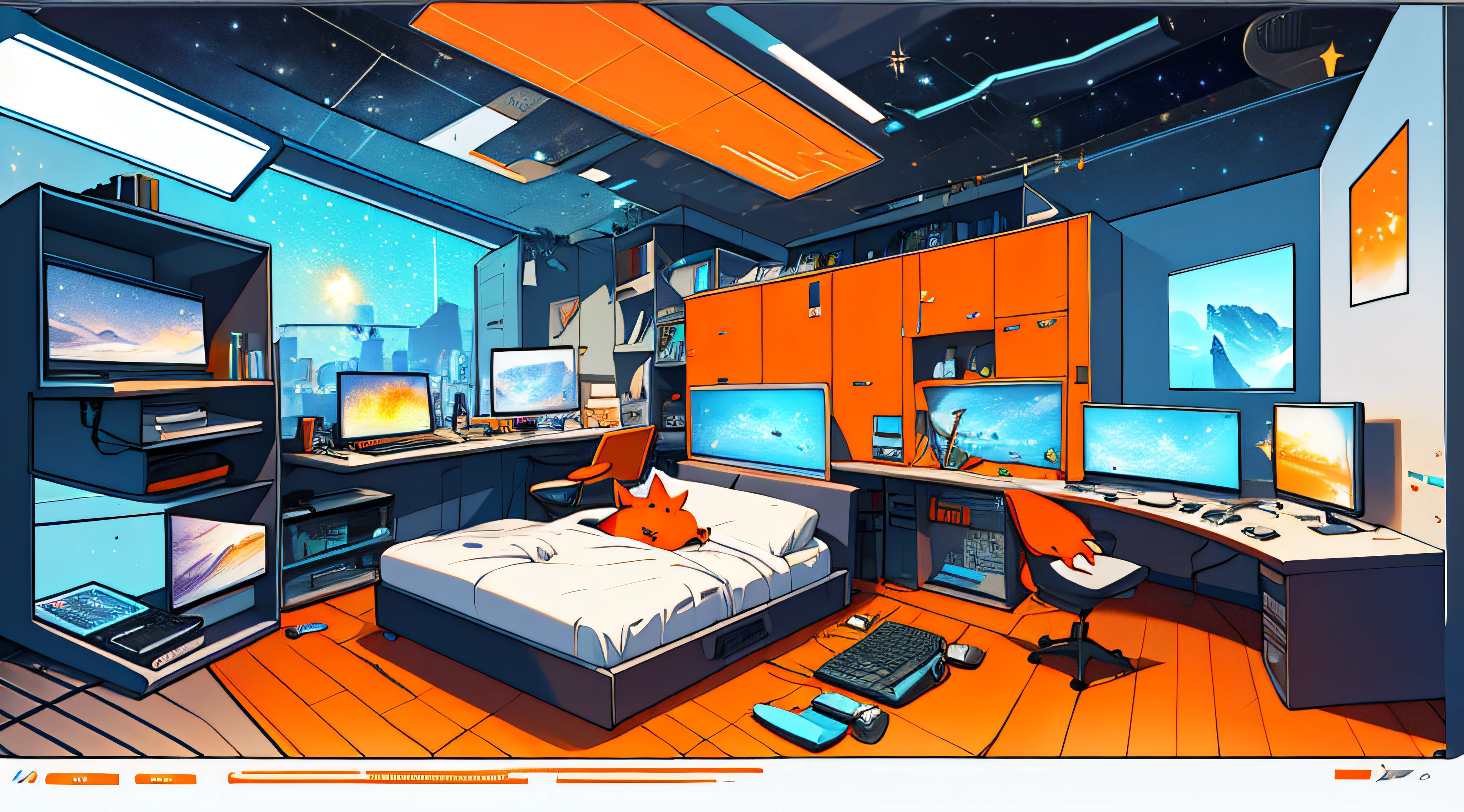 Warm Light Source Cyberpunk Calm Night Tech Bedroom Computer Desk Microphone Light Computer Water Dispenser Small Fluorescent Starry Sky Smooth Floor Fox Minimalism Deconstructivism Fragmentation Gorgeous Sculpture Floor-to-ceiling windows Light Bed Camera Chair Game Interface A warm orange
