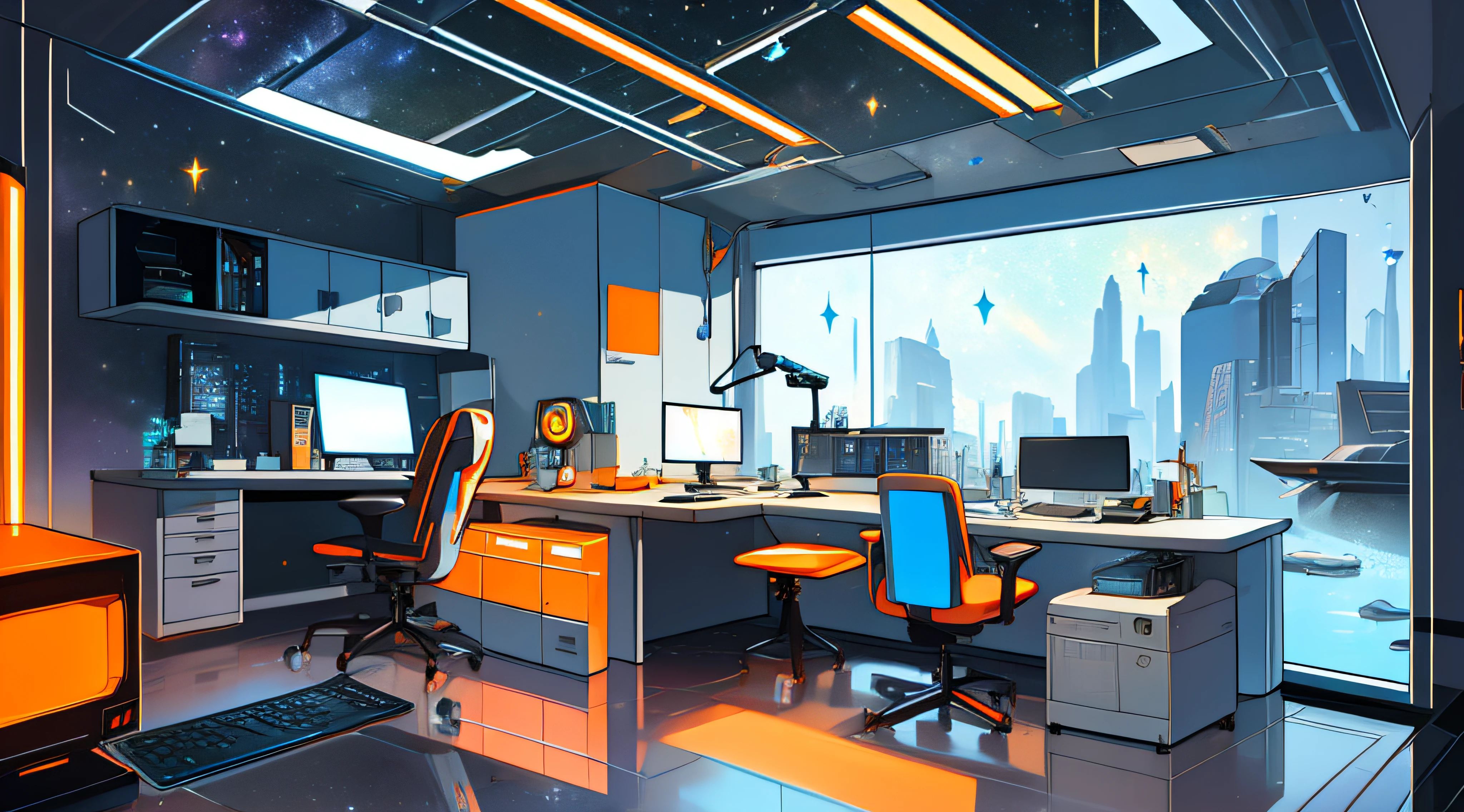 Warm Light Source Cyberpunk Calm Night Tech Bedroom Computer Desk Microphone Light Computer Water Dispenser Small Fluorescent Starry Sky Smooth Floor Fox Minimalism Deconstructivism Fragmentation Gorgeous Sculpture Floor-to-ceiling windows Light Bed Camera Chair Game Interface A warm orange