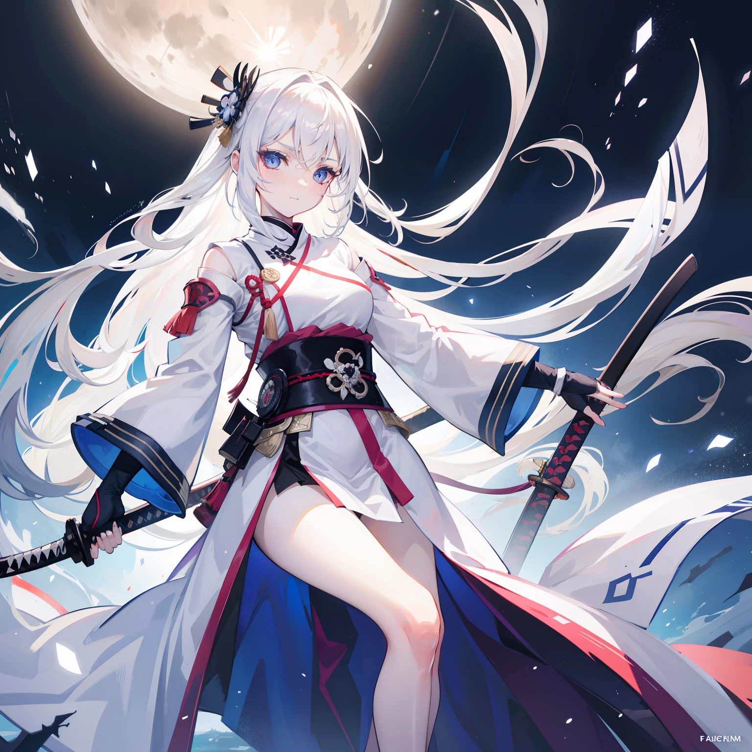 white hair, battle worn, shining blue eyes, samurai, pretty girl, delicate face, beautiful girl, slender body, hot girl, holding katana with both hands, full body white samurai uniform, under the moonlight, snow, pale skin, long beautiful streaked hair, floating hair, smile, soft face, kind eyes,, eyebrows behind hair, ringed eyes, soft smile, face paint, scars on face, Surrealism, ray tracing, reflection light, motion lines, blurry background, night time, Canon, Fujifilm, 8k, super detail, best quality, UHD, portrait
